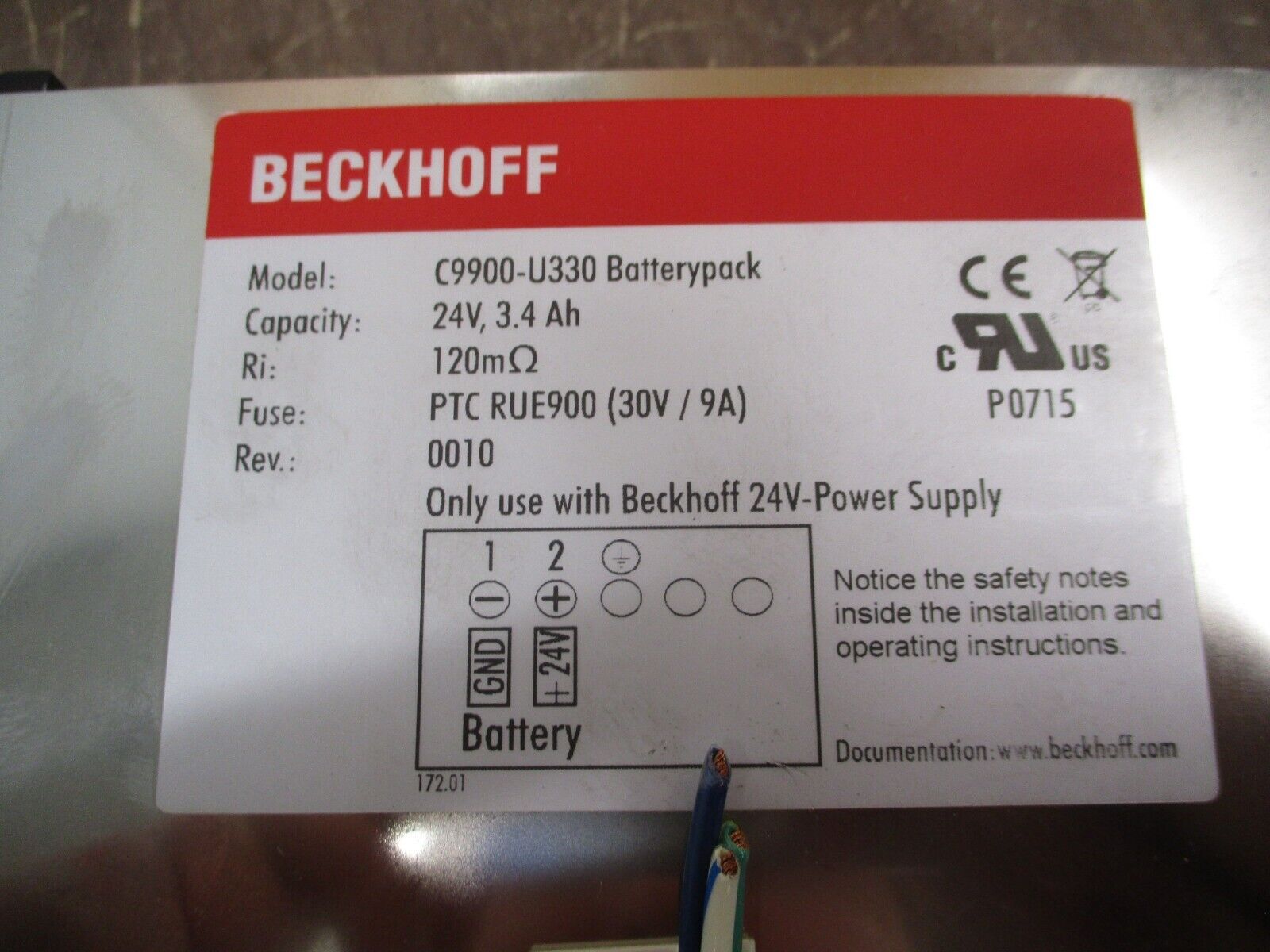 Beckhoff Batterypack C9900-U330 Capacity: 24V, 3.4 Ah Ri: 120M Ohms Used