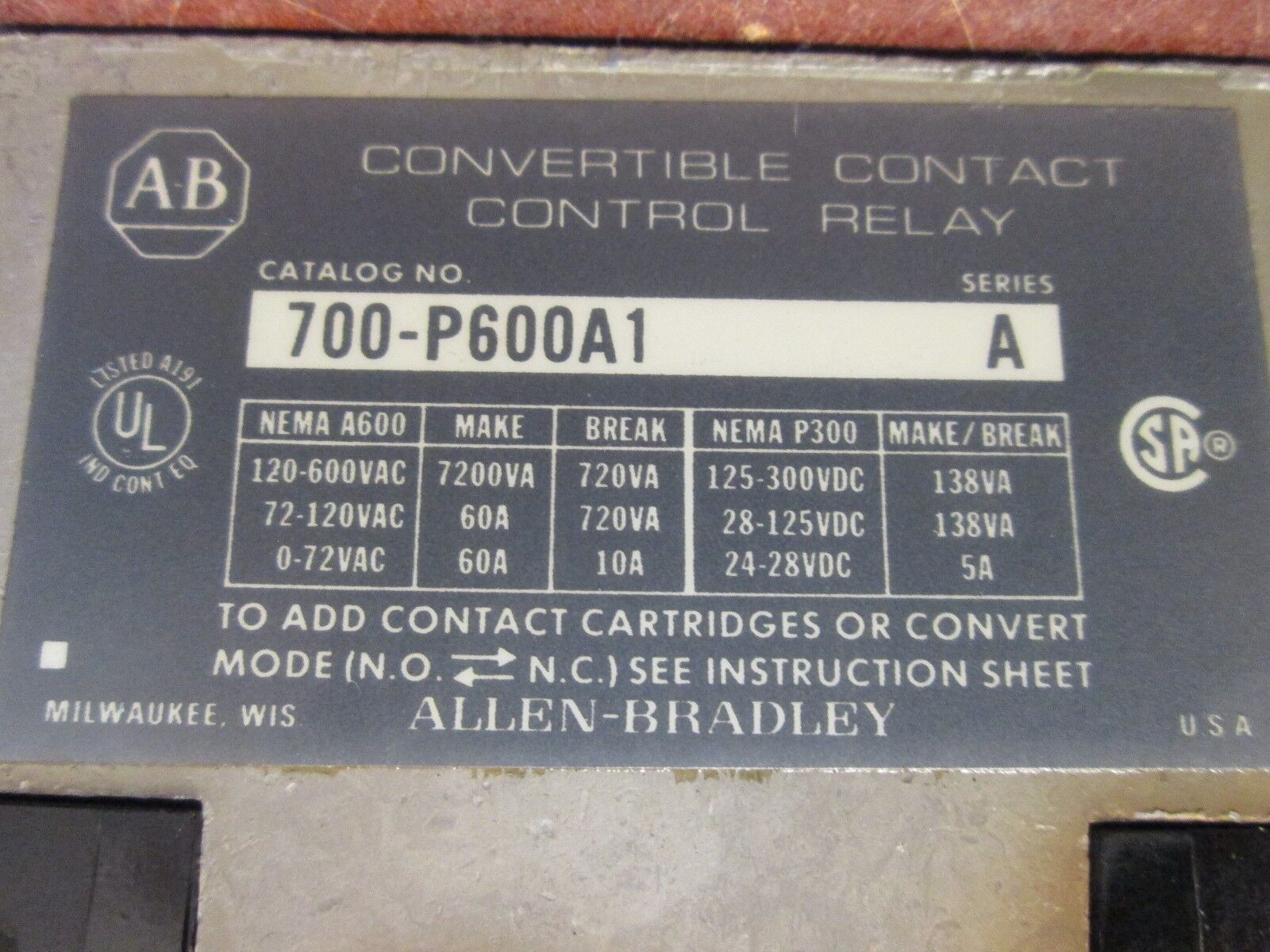 Allen-Bradley Control Relay 700-P600A1 115-120V Coil 8-Terminal Used