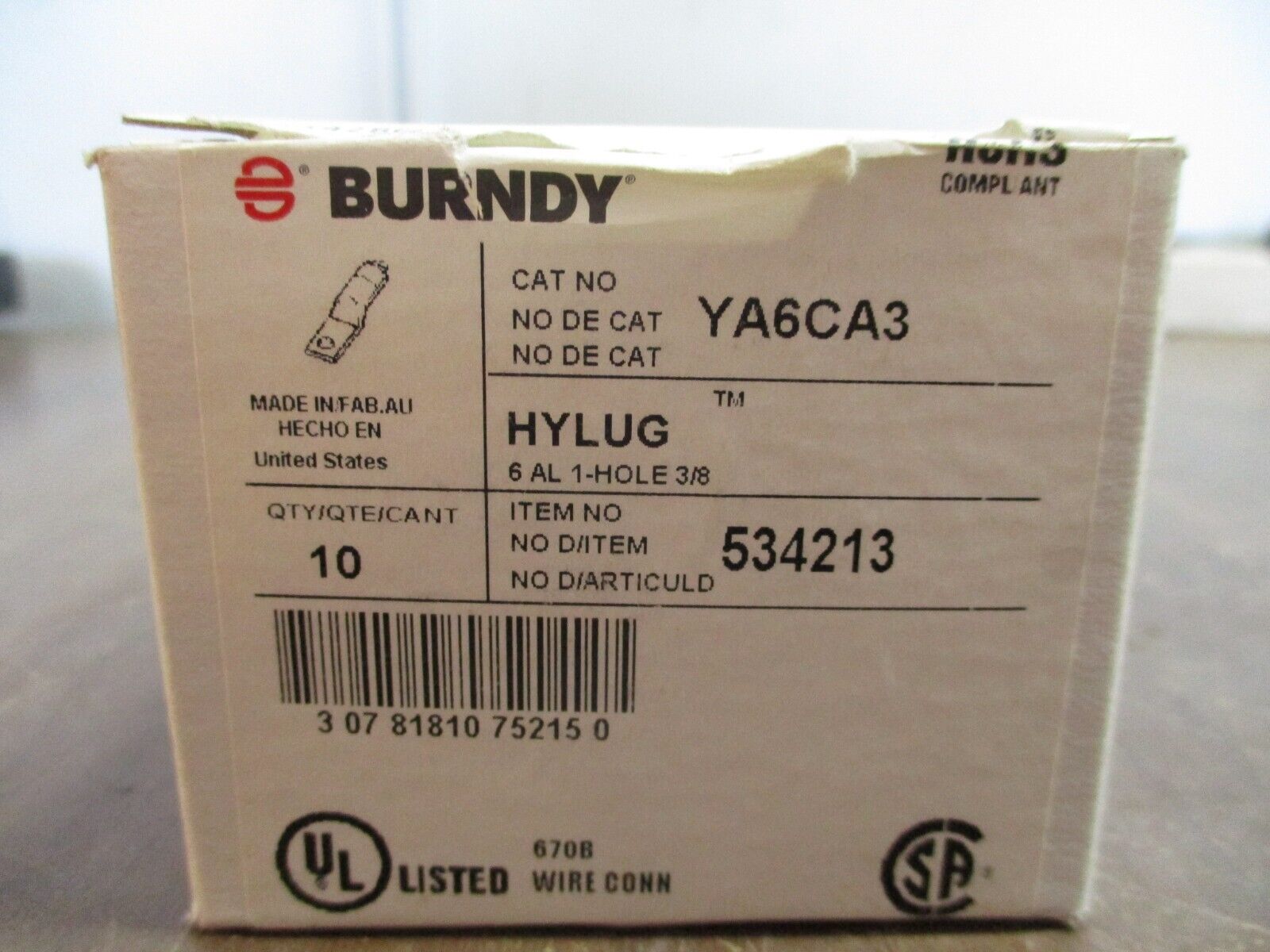 Burndy Hylug Crimp Lug YA6CA3 1-Hole 3/8" Stud *Box of 10* New Surplus