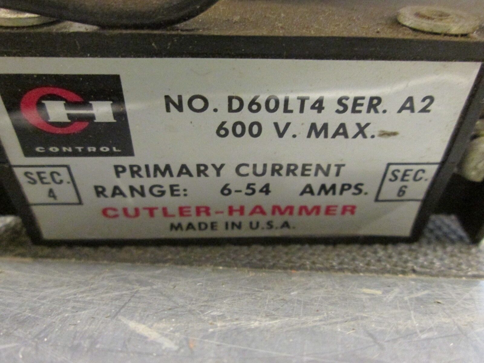 Cutler-Hammer  Current Relay  D60LT4  6-54A  600V Used