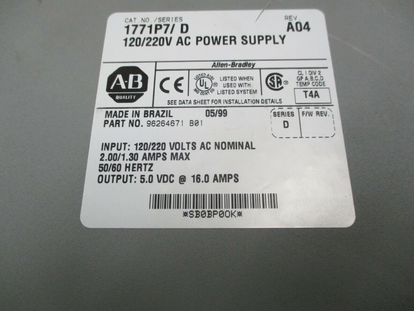 Allen-Bradley Power Supply 1771P7/D Ser. D Rev. A04 Used