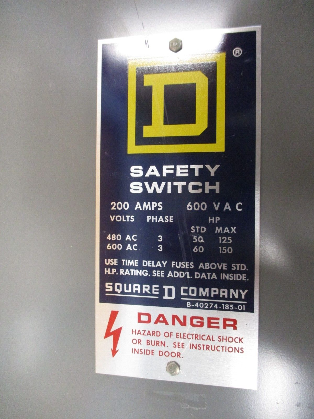 Square D Fusible Safety Switch / Disconnect H 364 Ser. D2 200A 600V 3P Used