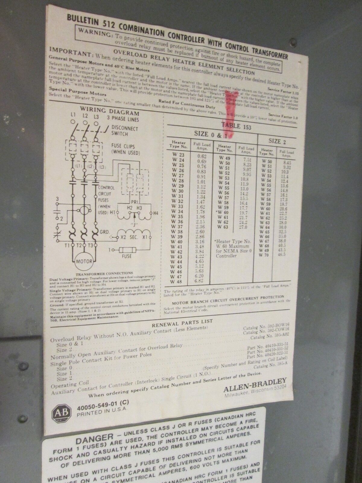 Allen-Bradley Non-Fusible Combination 512-BAB-3-4R-6-24 Size 1 120V Coil Used