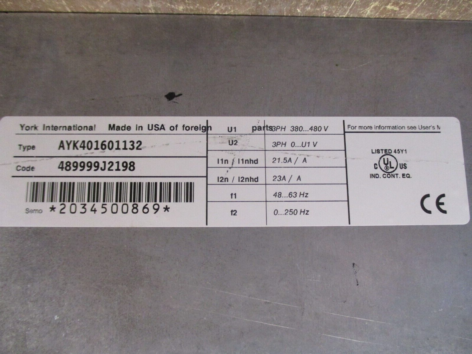 York AC Drive AYK401601132 15HP 3Ph w/ Keypad *Broken Cover & Keypad Mount* Used