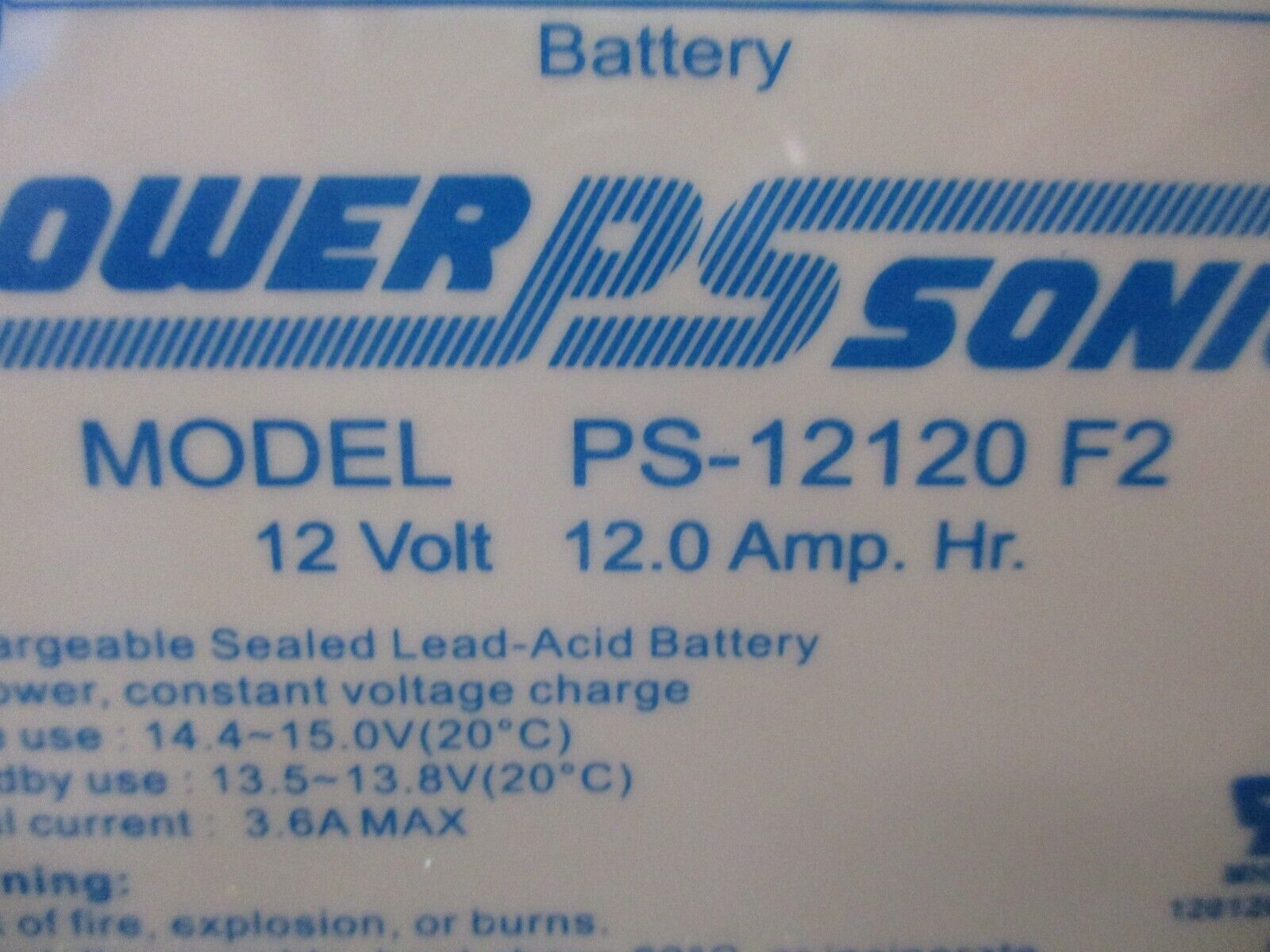 Power Sonic Sealed Rechargeable Battery PS-12120 F2 12VDC 12A-Hr Lead-Acid Used