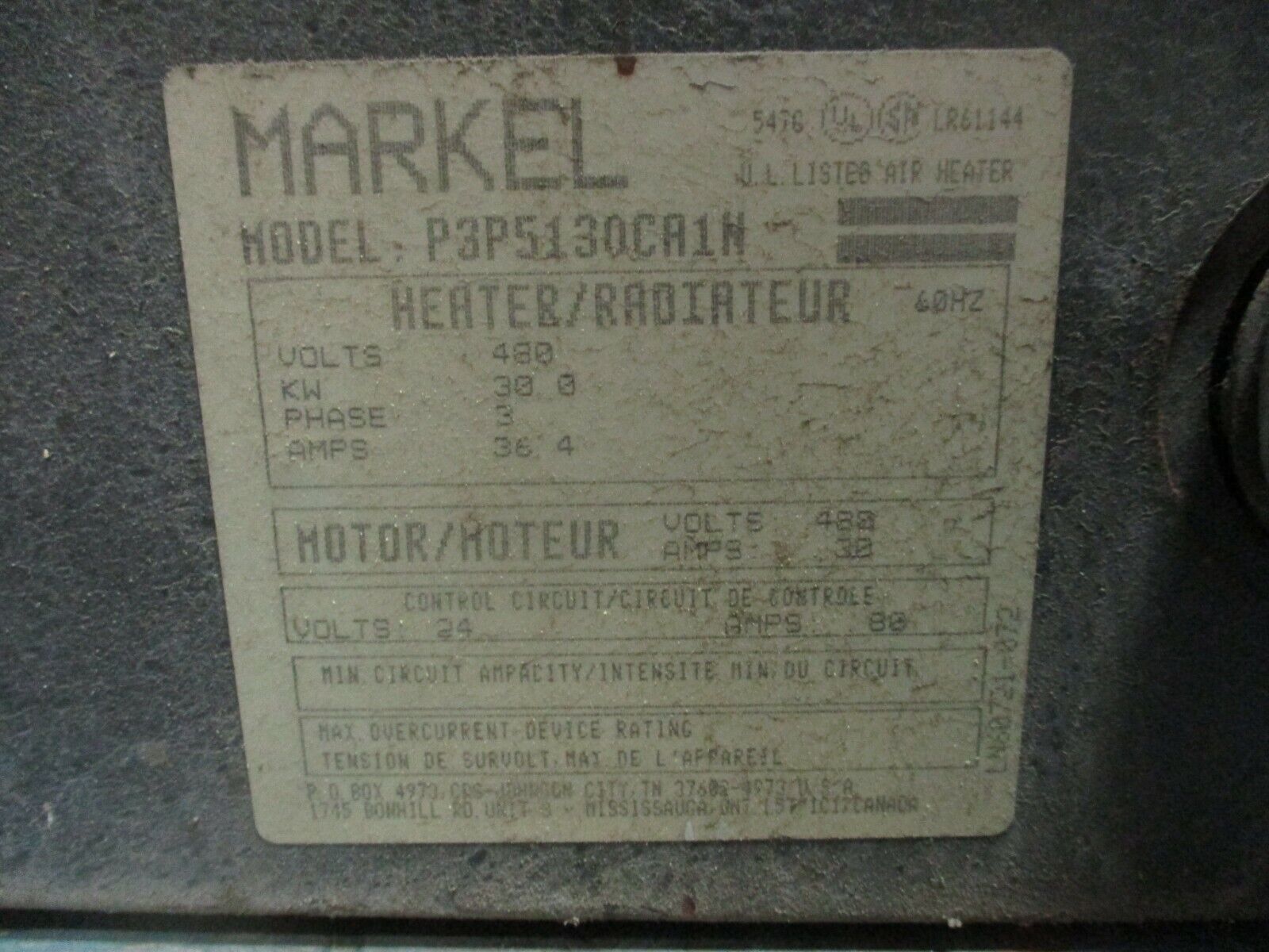 Markel Air Heater P3P5130CA1N 30KW 480V 3Ph 36.4A 60Hz Used