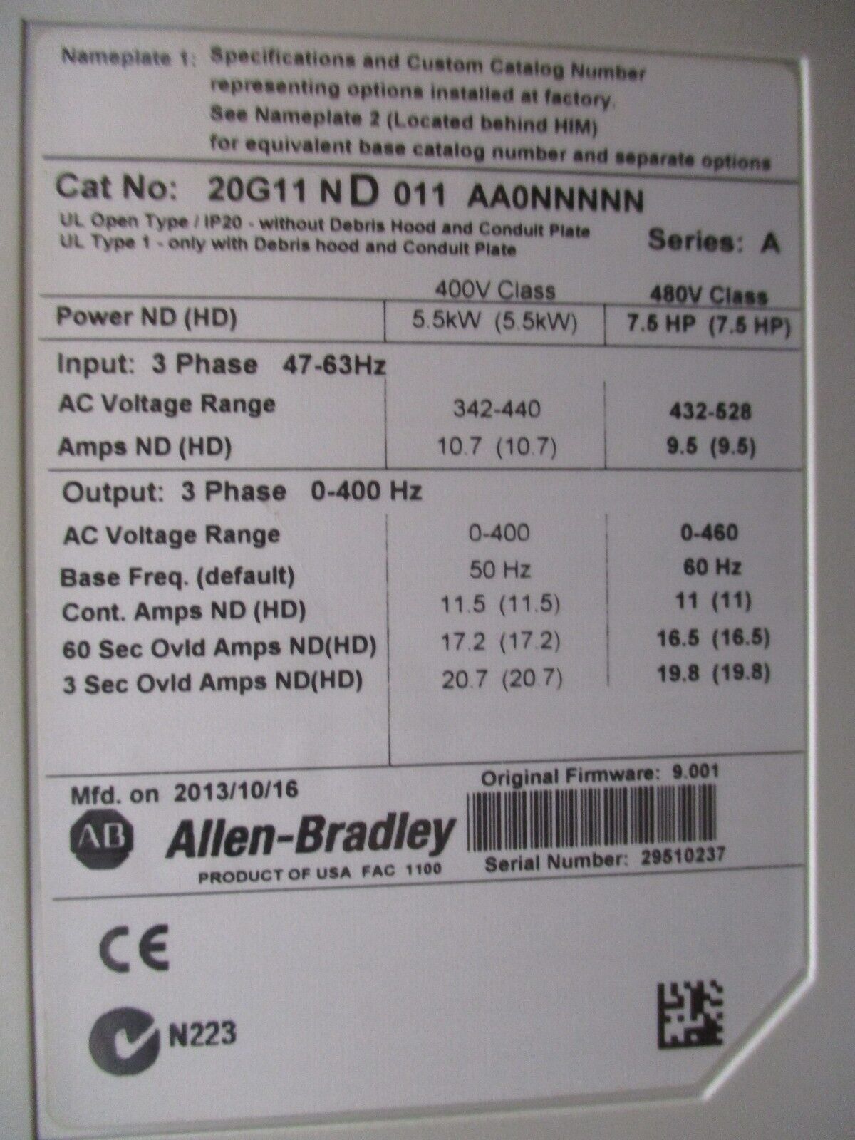 Allen-Bradley PowerFlex 755 AC Drive 20G11ND011AA0NNNNN Ser. A 7.5HP 3Ph Used