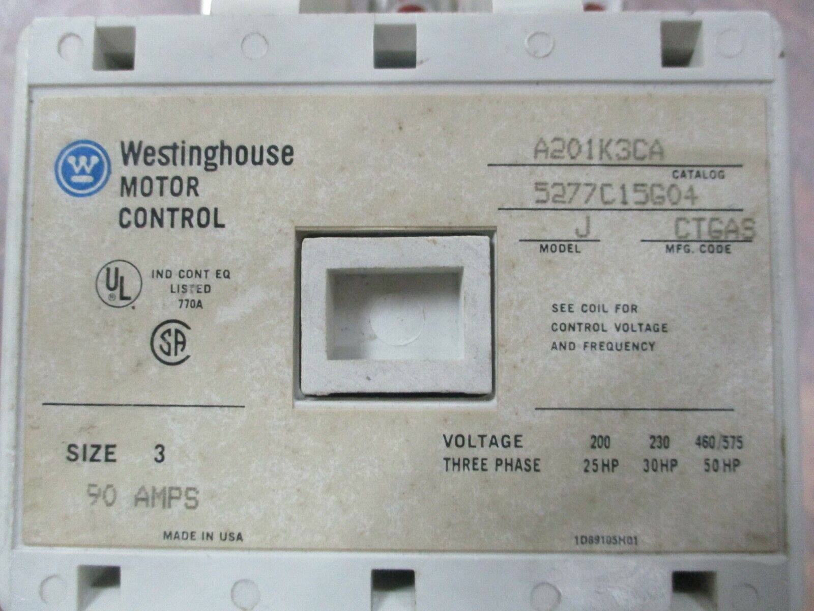 Westinghouse Size 3 Contactor A201K3CA 120V Coil 90A Used