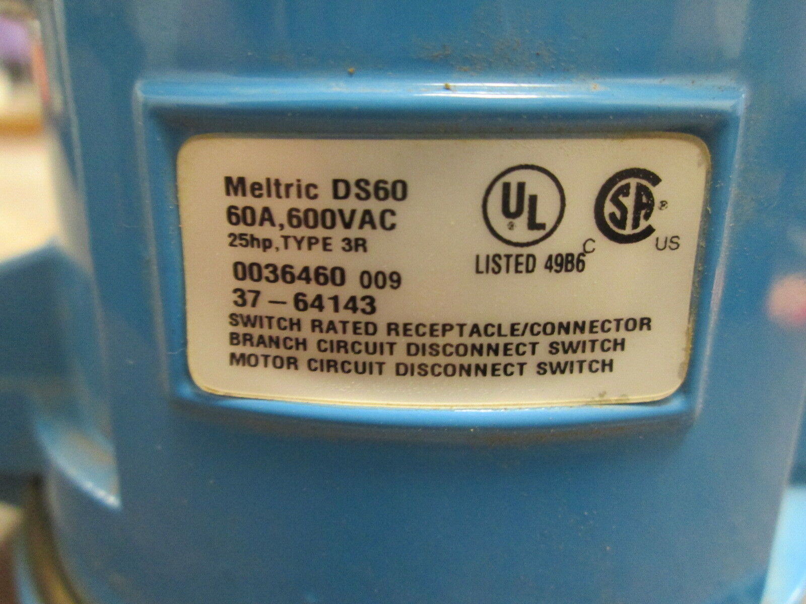 Meltric DS60 Receptacle 37-64143 60A 600V Type 3R Used
