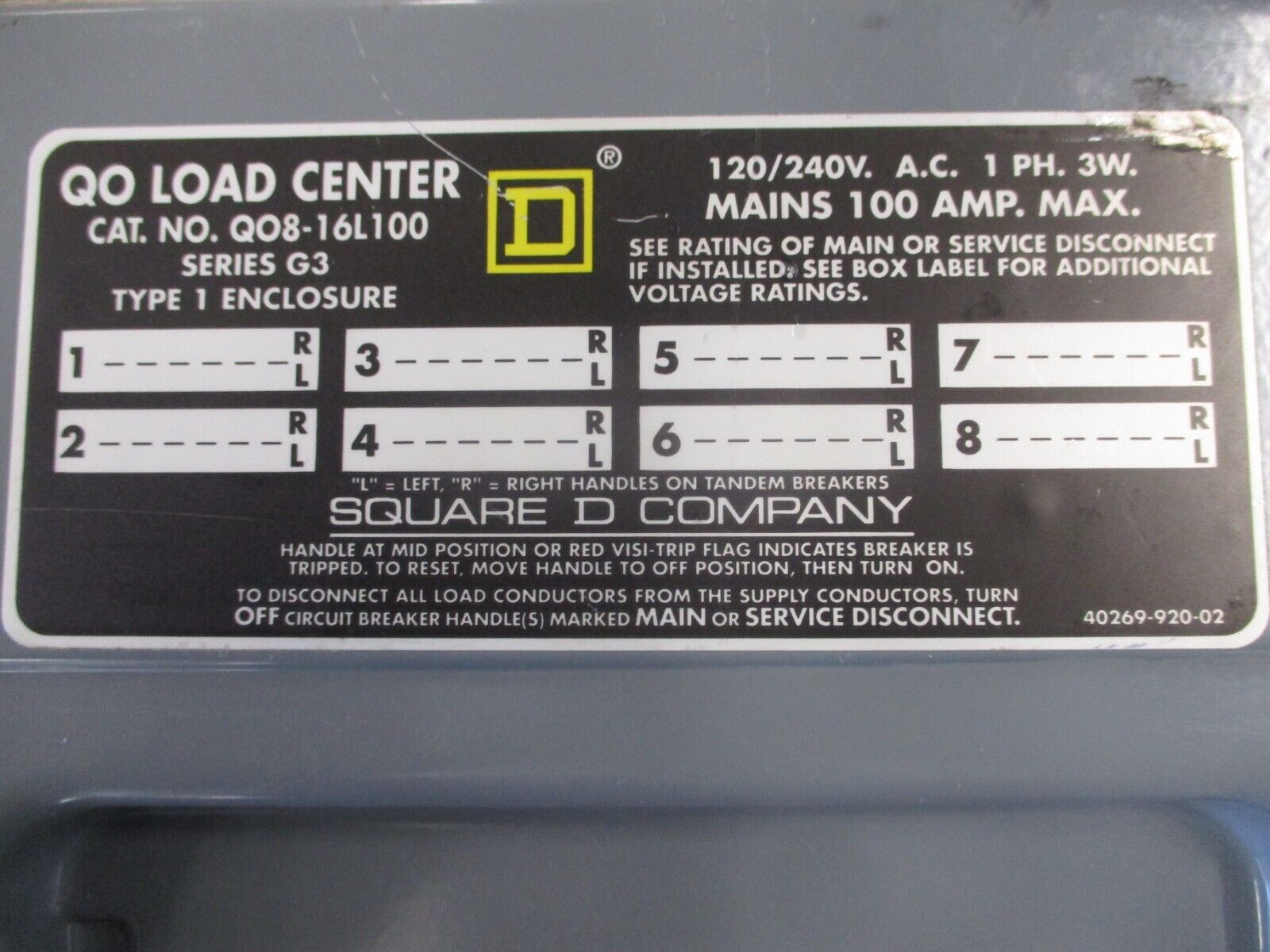 Square D QO Main Lug Load Center QO8-16L100 100A 120/240V 1Ph 3W 8-Slot
