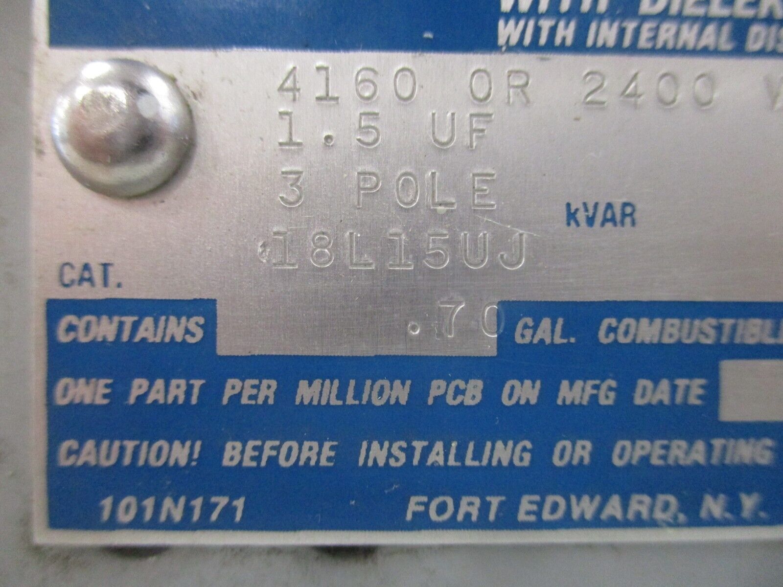 GE Capacitor 18L15UJ 1.5VF 4160/2400 VAC 50/60HZ 3P 110KV BIL Used