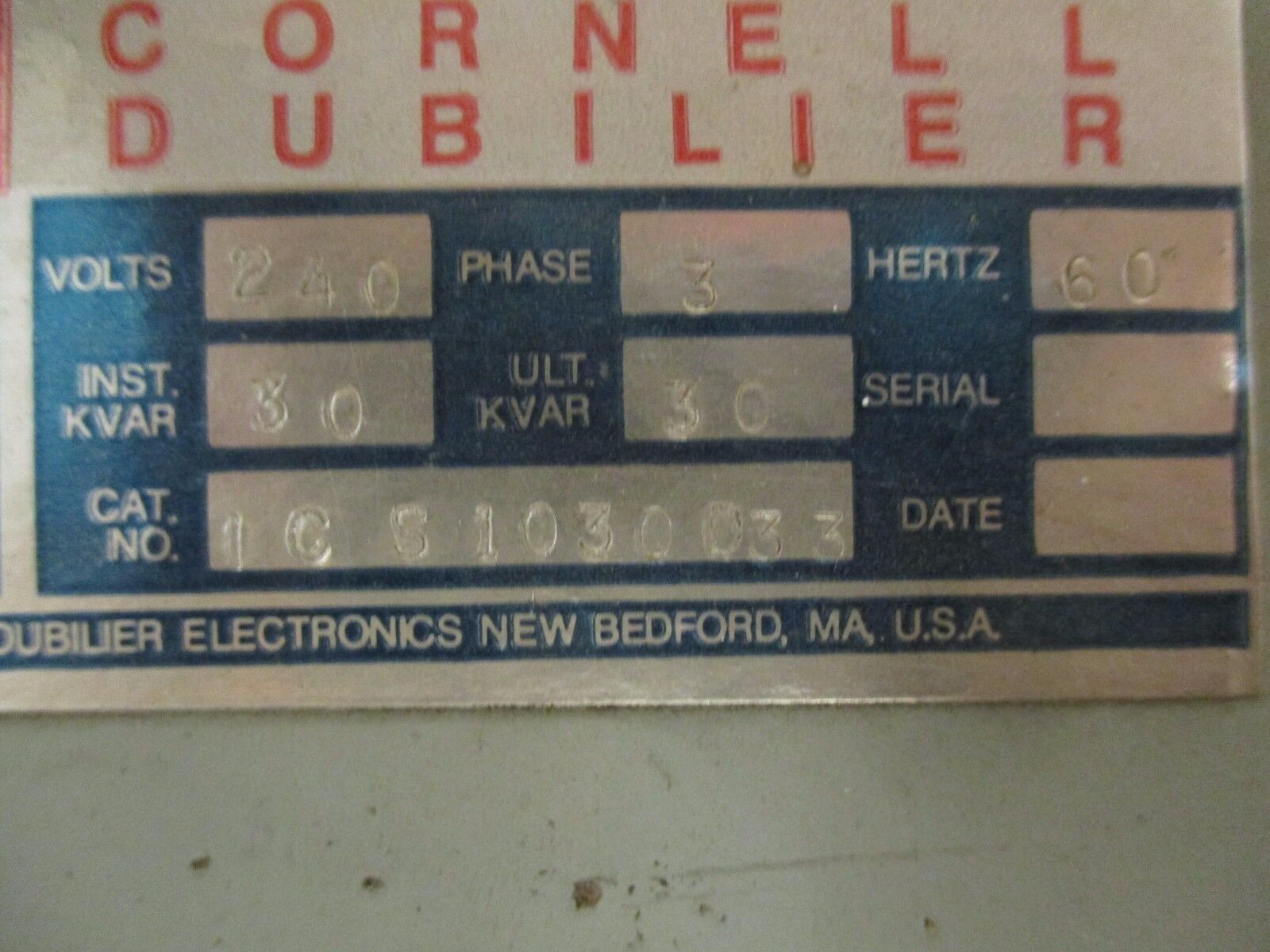CDE / Cornell Dubilier Capacitor ICS1030D33 240V 30KVAR 3Ph Used
