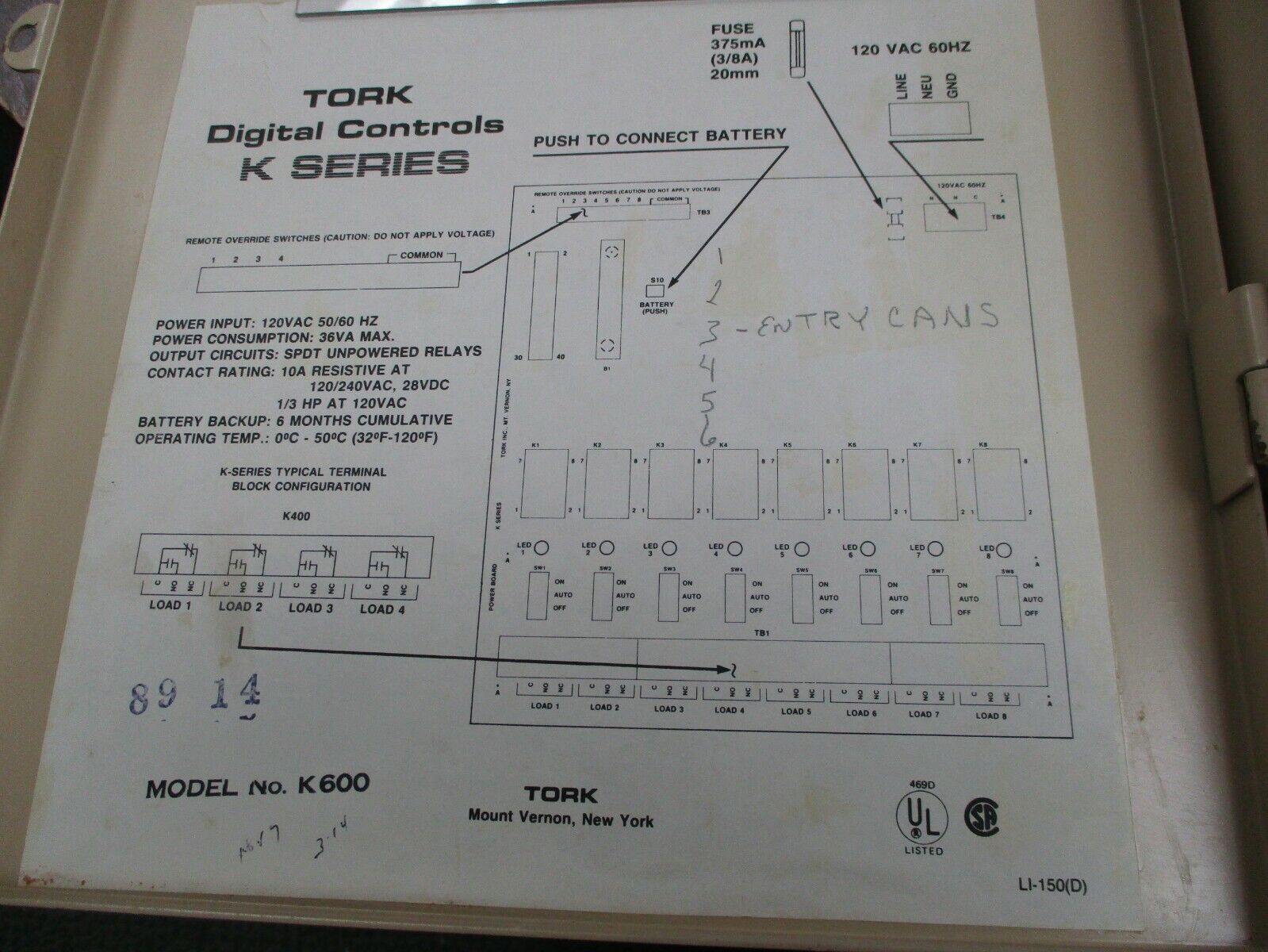 Tork K Series Digital Controller K600 120VAC 50/60Hz 36VA *No Lock* Used