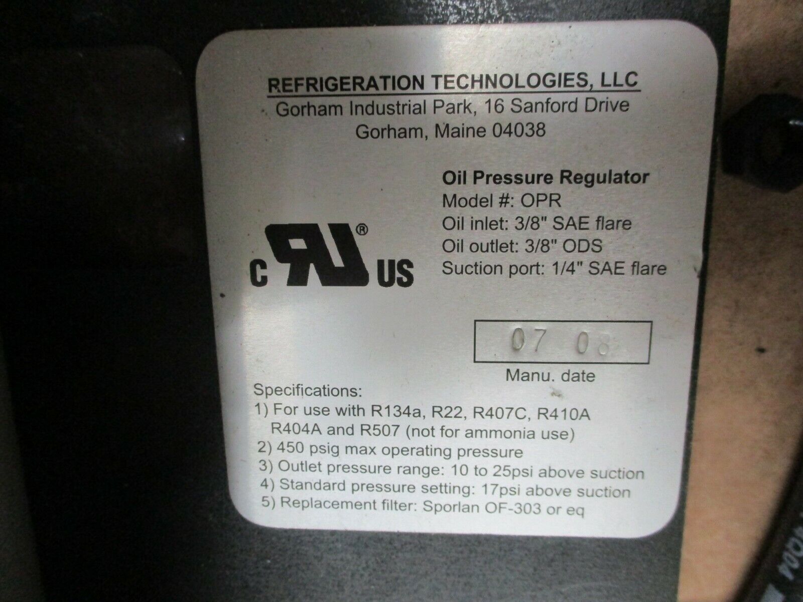 Refrigeration Technologies Oil Pressure Regulator OPR Inlet: 3/8"SAE Flare