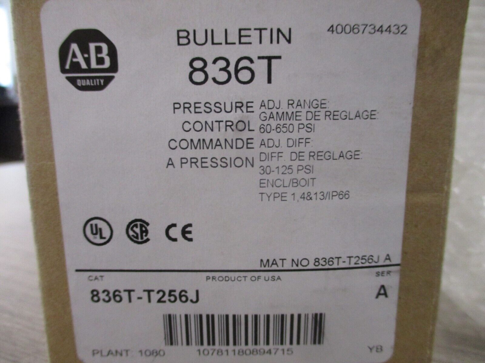 Allen-Bradley Pressure Control 836T-T256J Ser. A Adj. : 60-650 PSI New Surplus