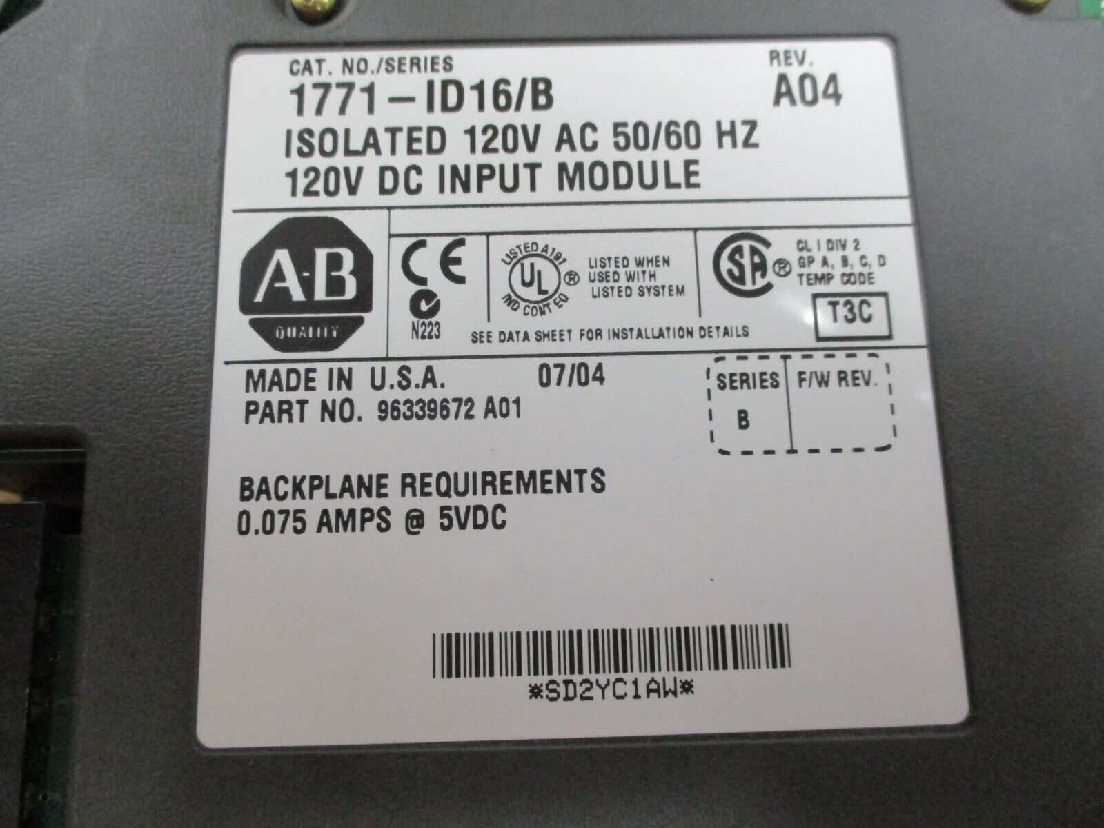 Allen-Bradley Isolated 120V AC/DC Input Module 1771-ID16/B Ser. B Rev. A04 Used