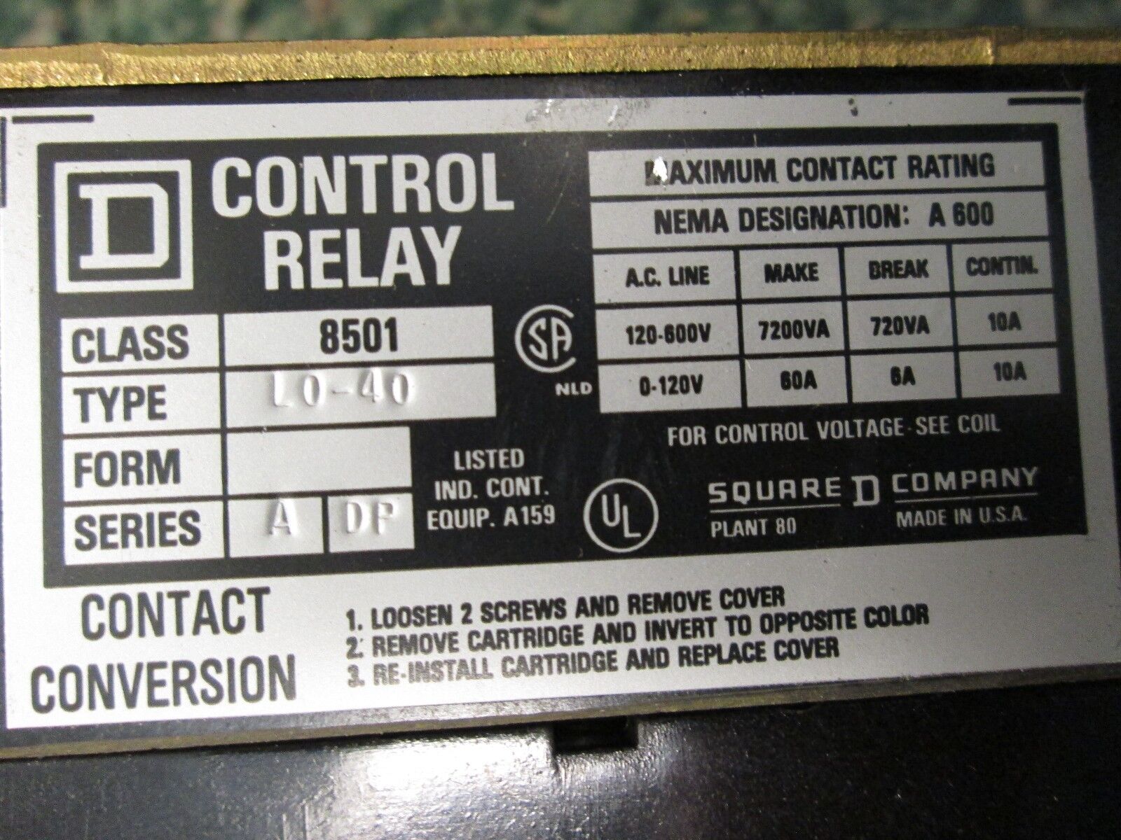 Square D Control Relay 8501 L0-40 120V Coil 8P Used