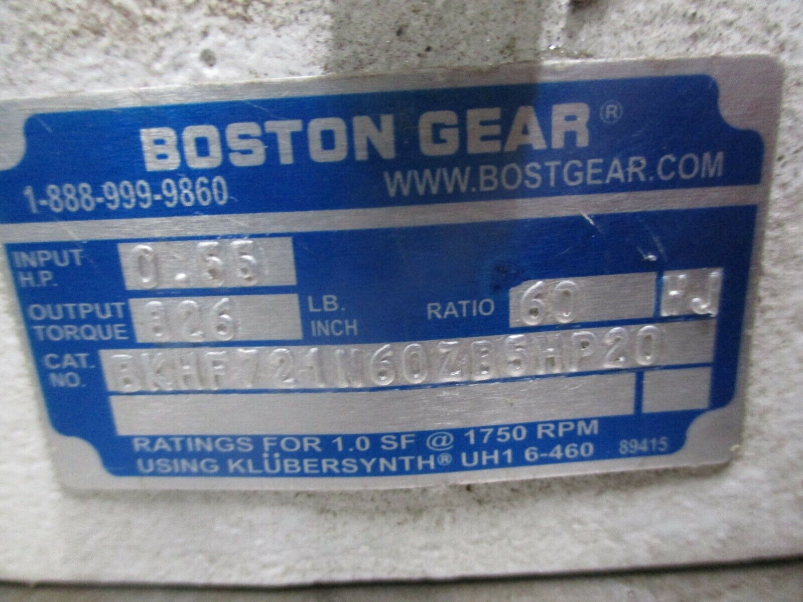 Boston Gear Reducer BKHF721N60ZB5HP20 Ratio 60:1 0.55HP In 826 in-lb Torque Used