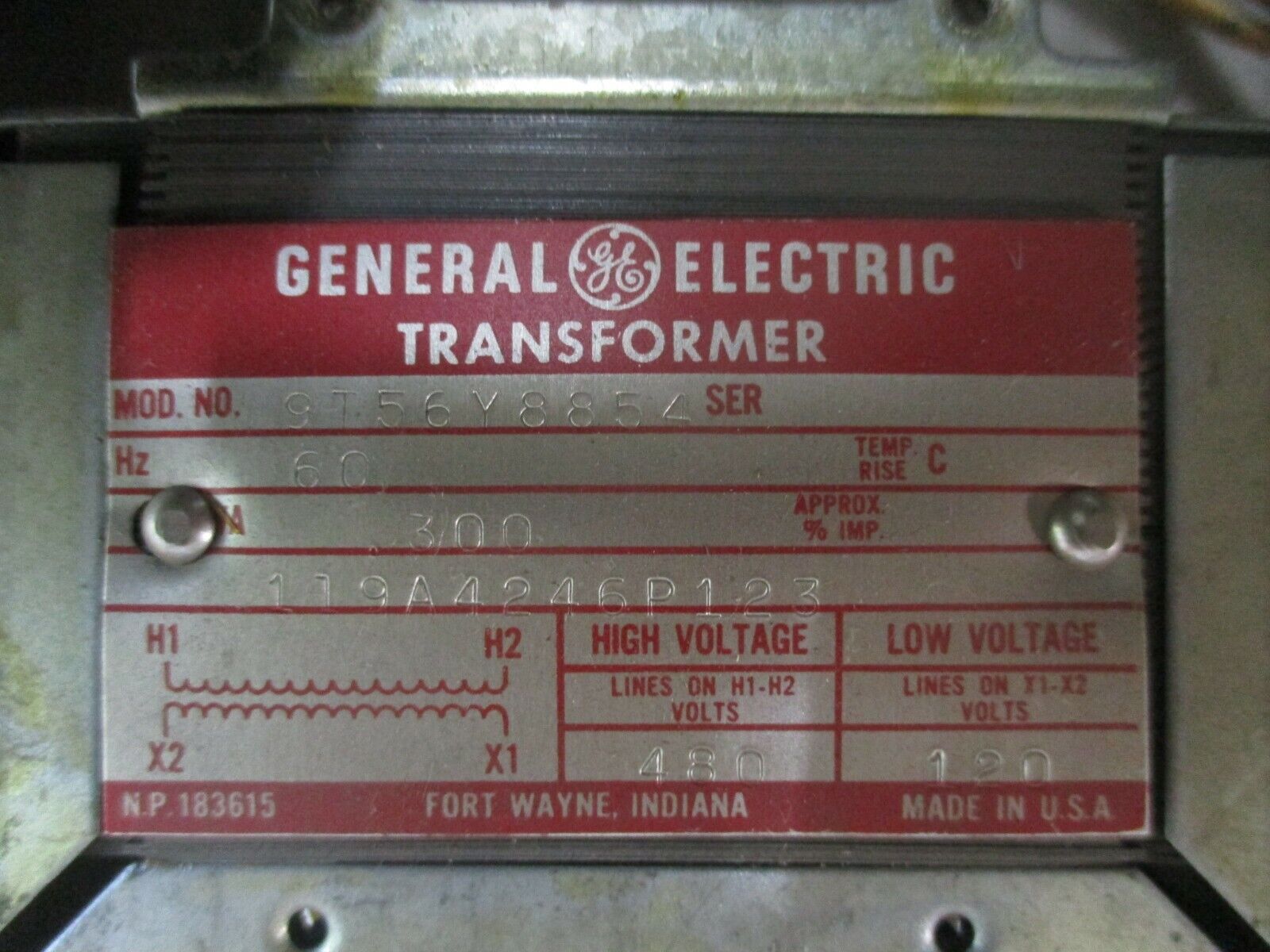 GE Transformer 9T56Y8854 0.300KVA Pri: 480V Sec: 120V 60Hz Used