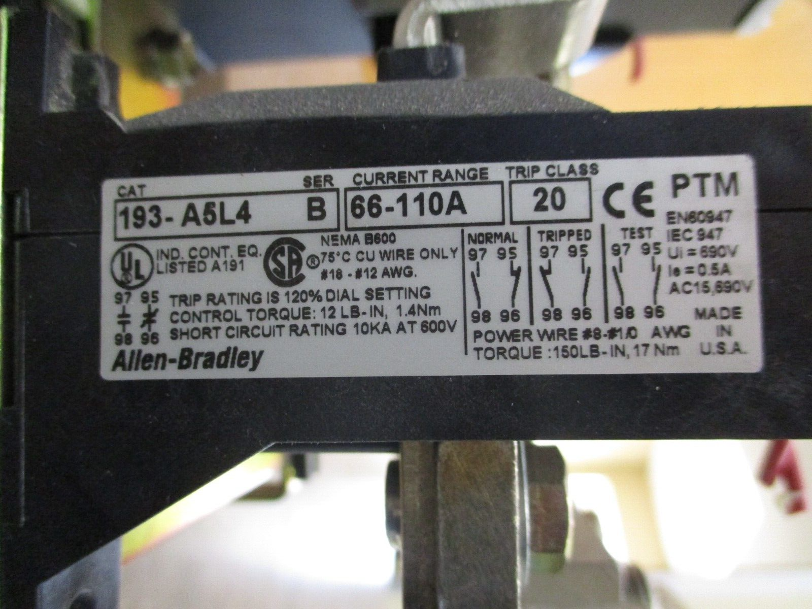 Allen-Bradley Starter 100-B110N*3 / 193-A5L4 120V Coil Trip: 66-110A 600V Used