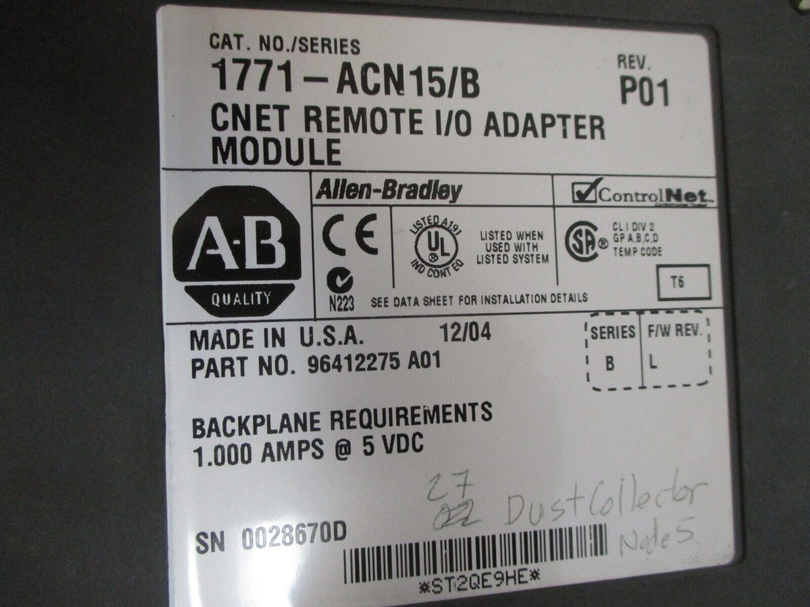 Allen-Bradley CNET Remote I/O Adapter Module 1771-ACN15 Ser. B Rev. P01 Used