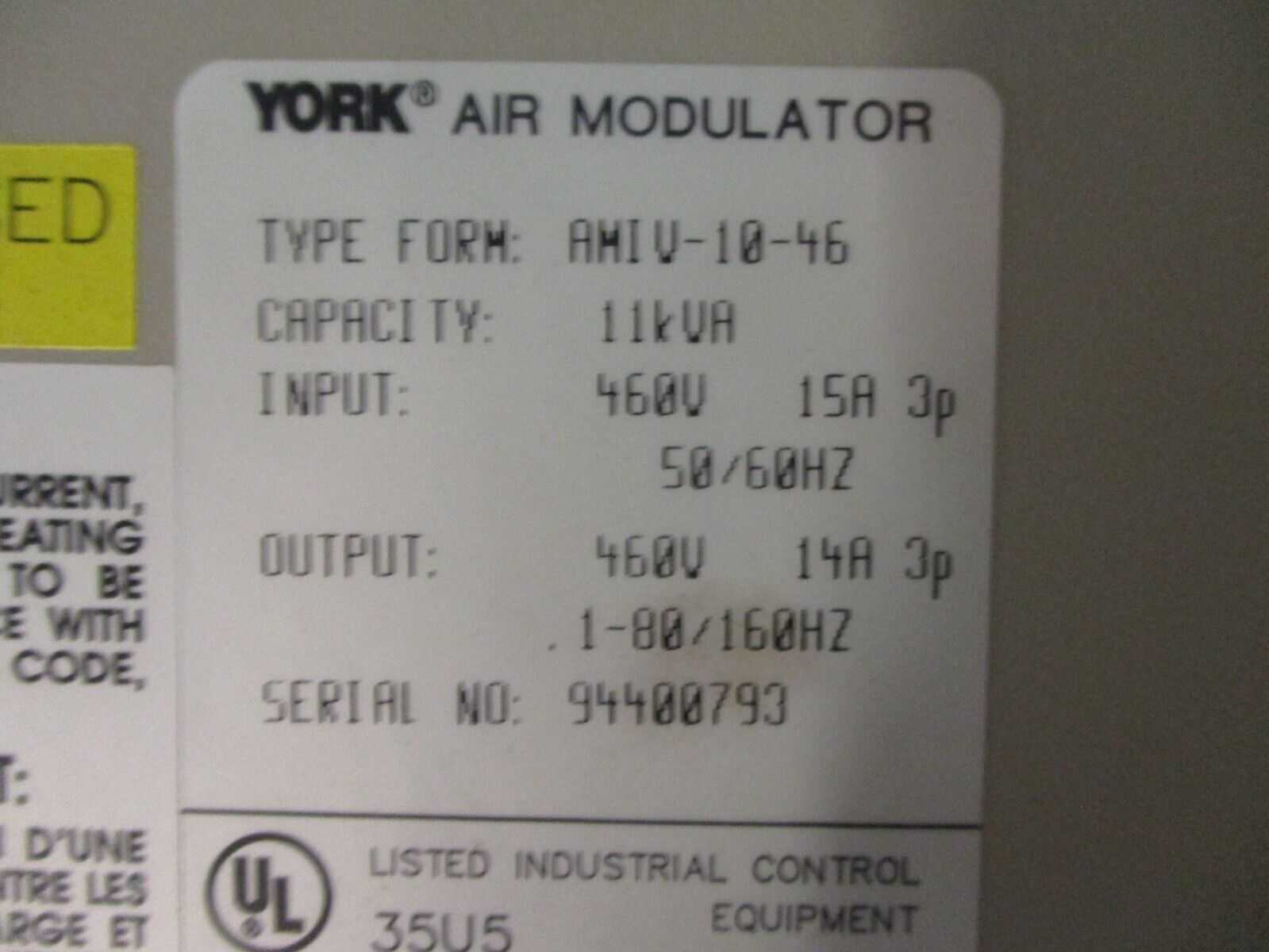 York Air Modulator AMIV-10-46 11kVA 3Ph Input: 460V 15A 3P 50/60Hz Used