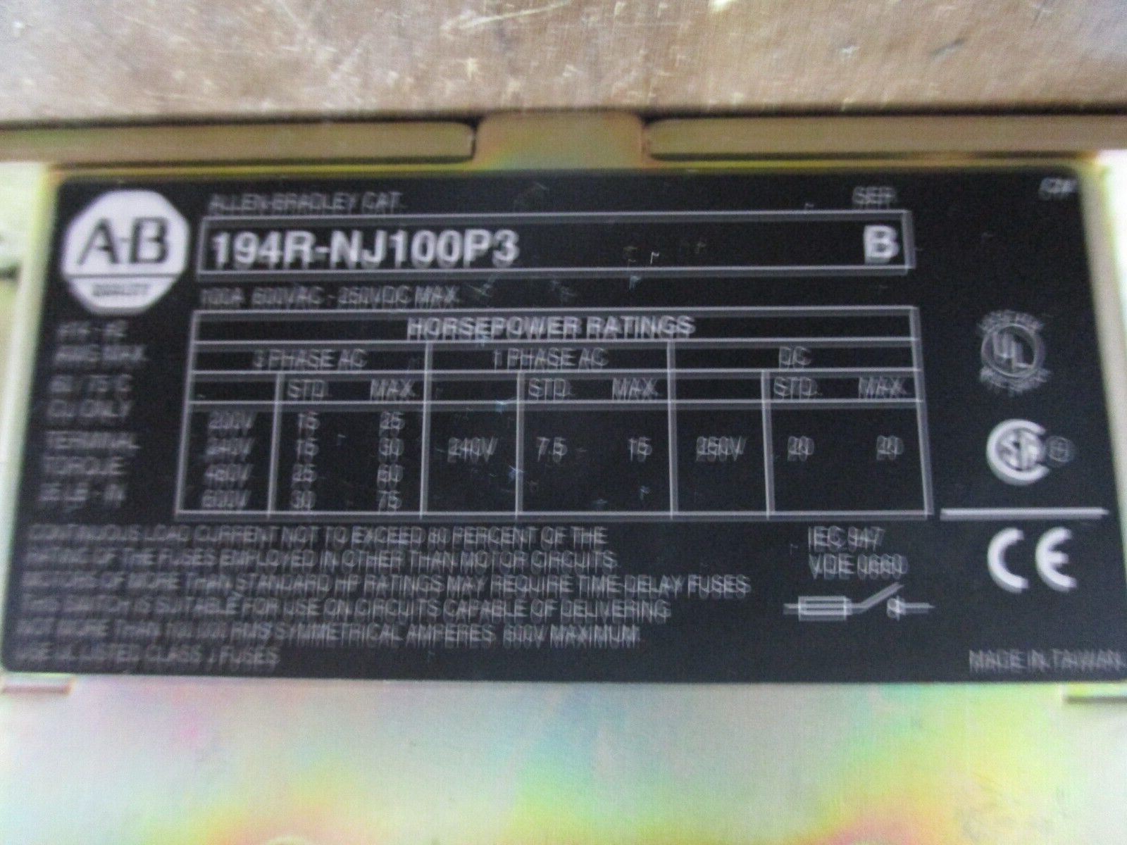 Allen-Bradley Fusible Disconnect Switch 194R-NJ100P3 Ser. B 100A 600V 3Ph Used