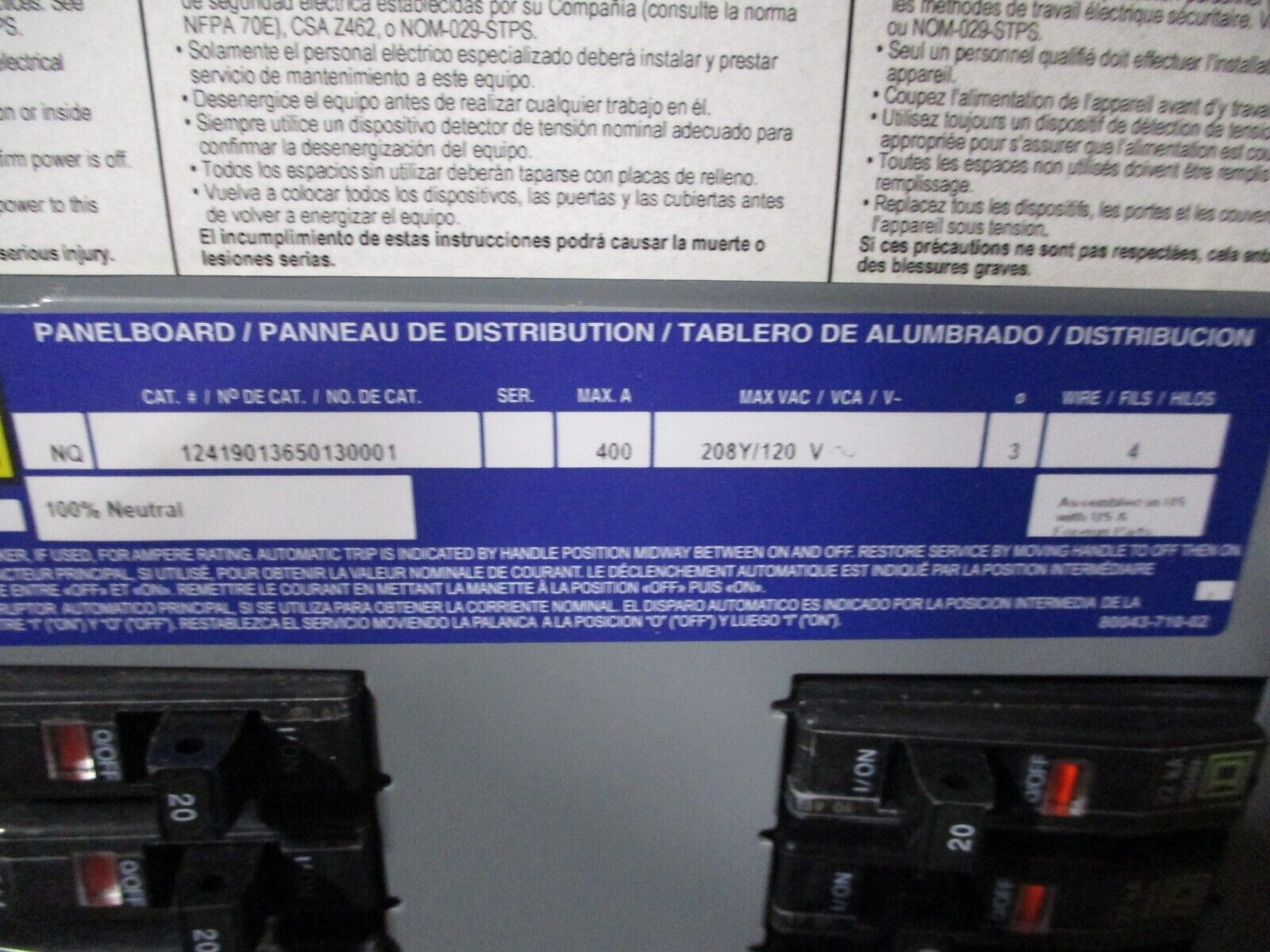 Square D Main Lug NQ Panelboard Interior 12419013650130001 400A 208Y/120V 3Ph 4W