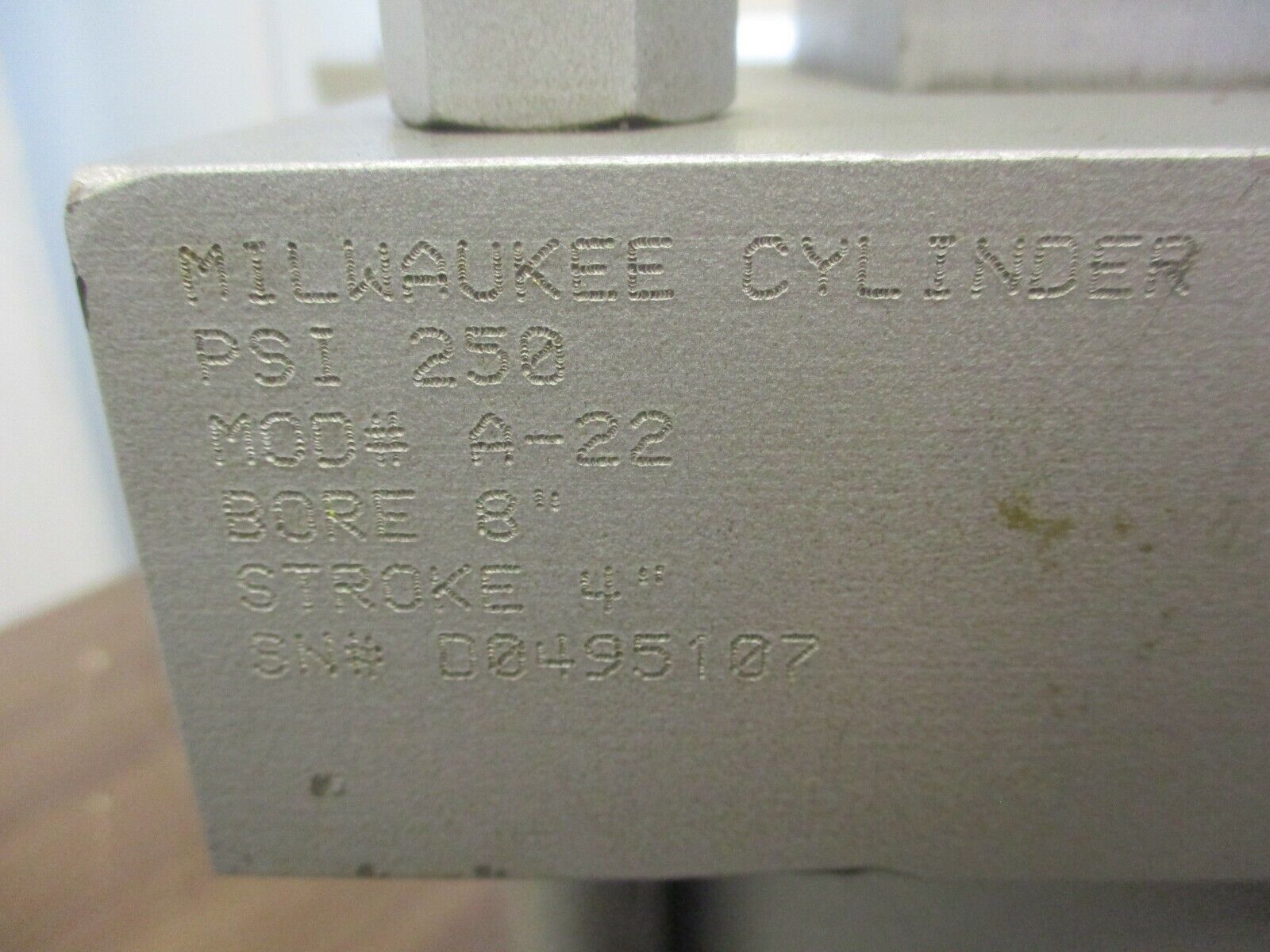 Milwaukee Cylinder Pneumatic Cylinder A-22 250 PSI Bore: 8" Stroke: 4" Used