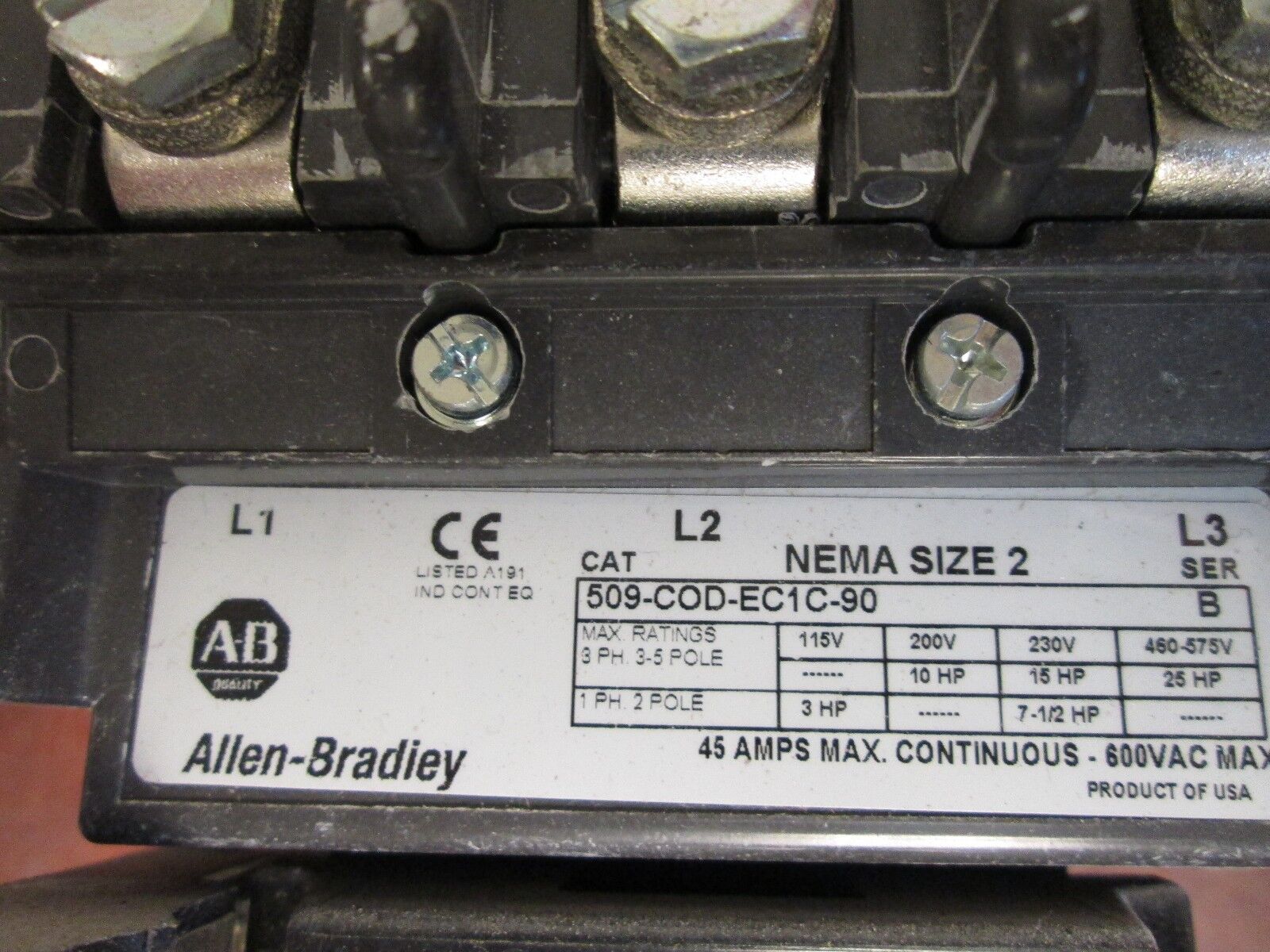Allen-Bradley Starter 509-COD-EC1C-90 Size 2 115-120V Coil Overload: 5-25A Used