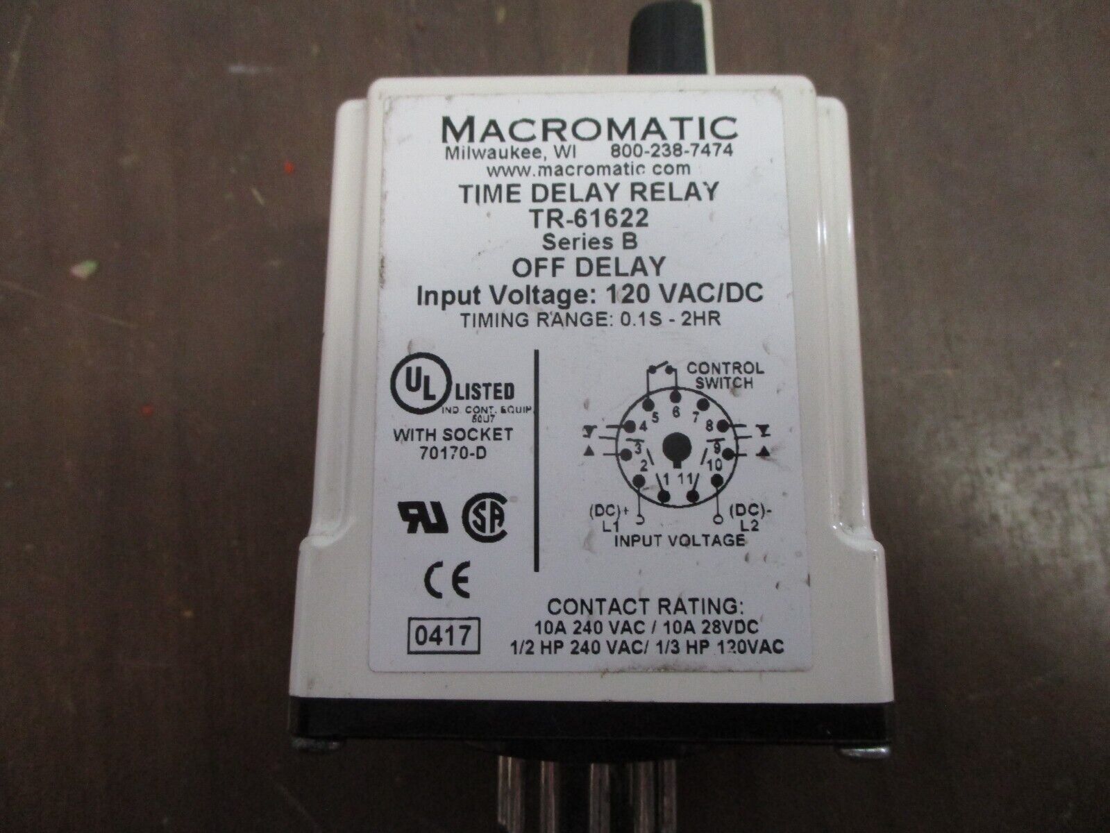 Macromatic Time Delay Relay TR-61622 Ser. B Off Delay 120V Range: 0.1s-2Hr Used