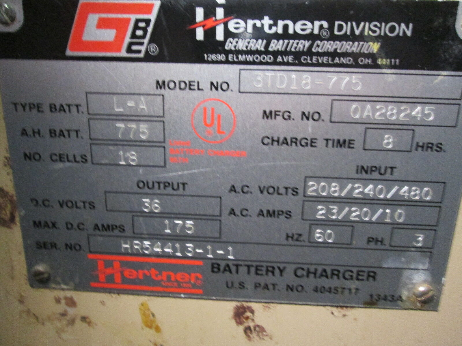 Hertner Auto 5000 Battery Charger 3TD18-775 Used