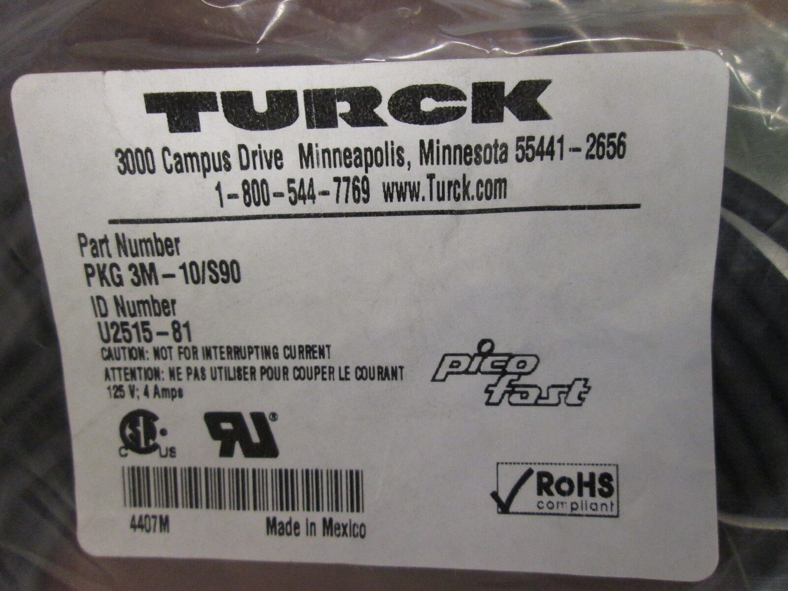 Turck Pico Fast Cable PKG 3M-10/S90 New Surplus