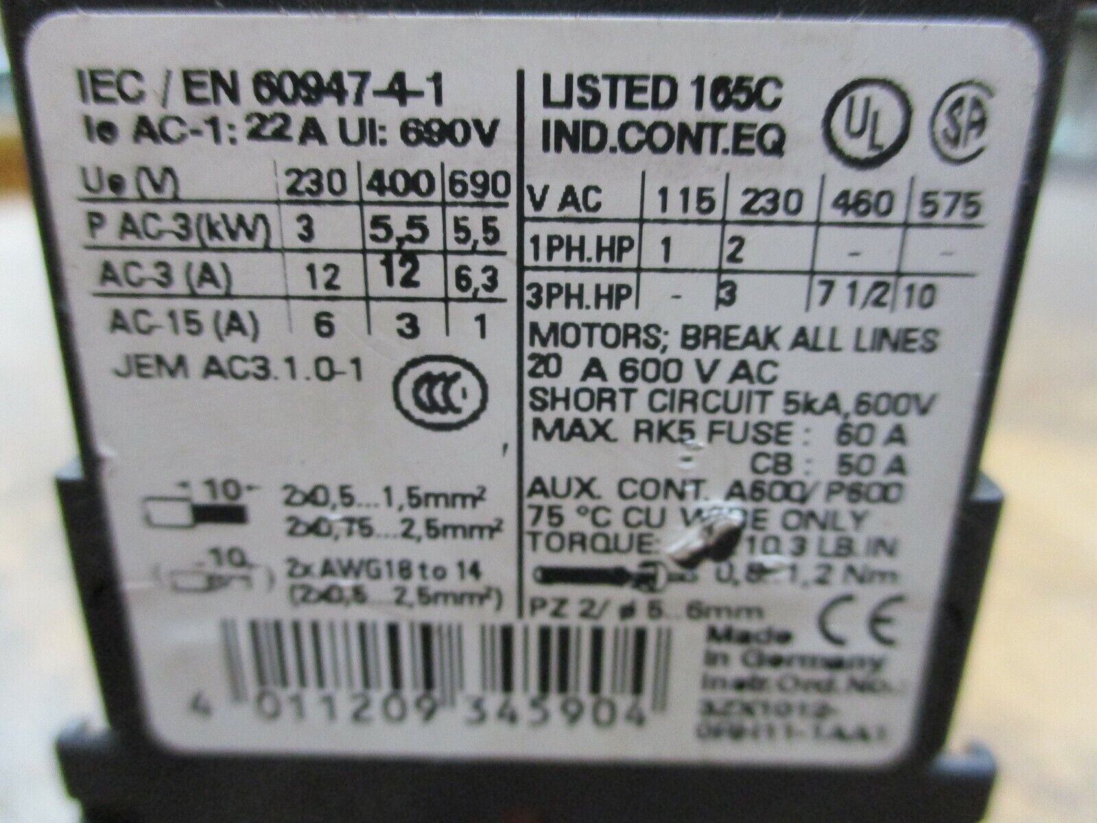 Siemens Sirius Contactor 3RT1017-1AK61 120V Coil 20A 600V Used