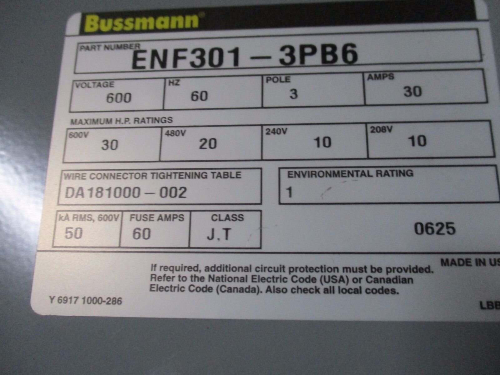Bussmann Enclosed Disconnect Switch ENF301-3PB6 30A 600V 3P 60Hz Used