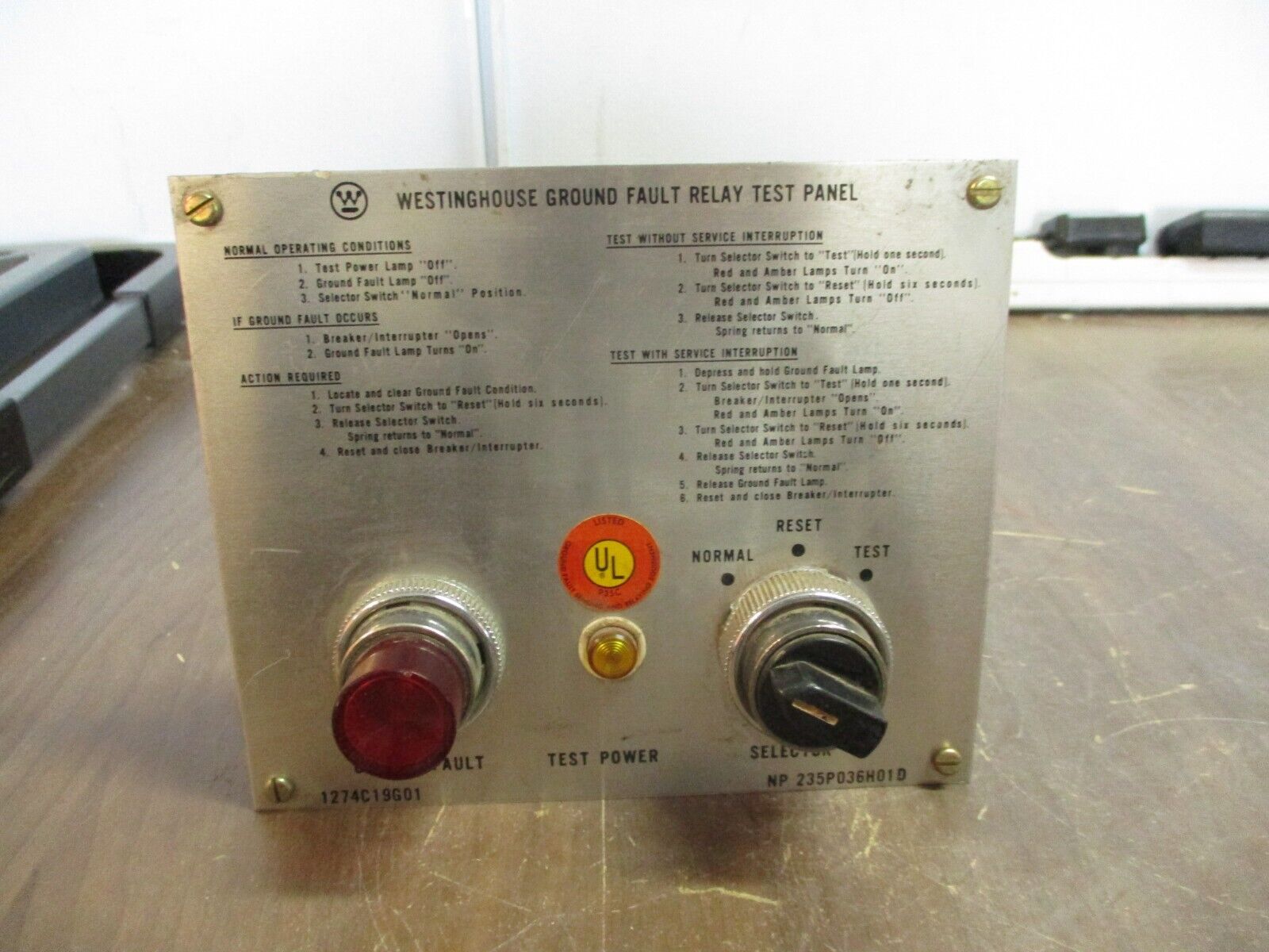 Westinghouse Ground Fault Relay Test Panel 1274C19G01 Used