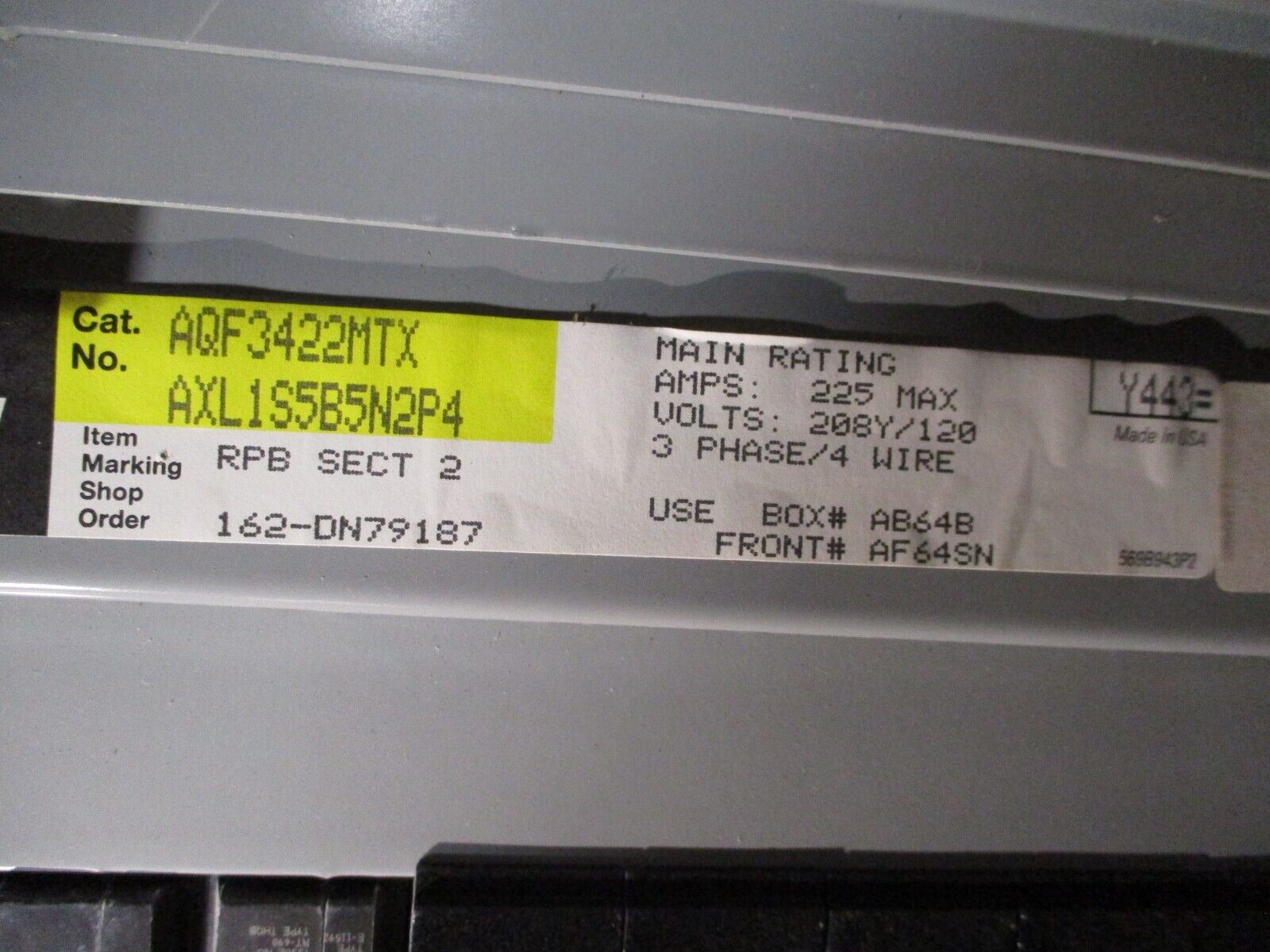 GE Main Lug Breaker Panel AQF3422MTX 225A Max 208/120V 3Ph 4W 42-Slot Used