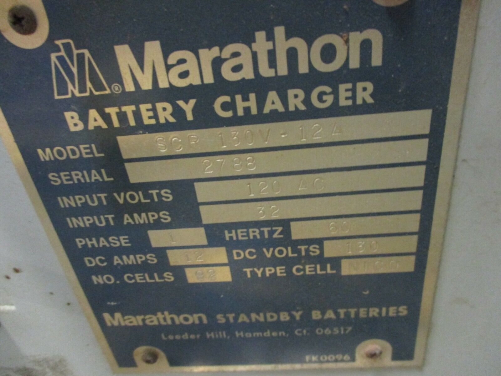 Marathon Battery Charger SCR 130V-12A Output: 130VDC 12A Used