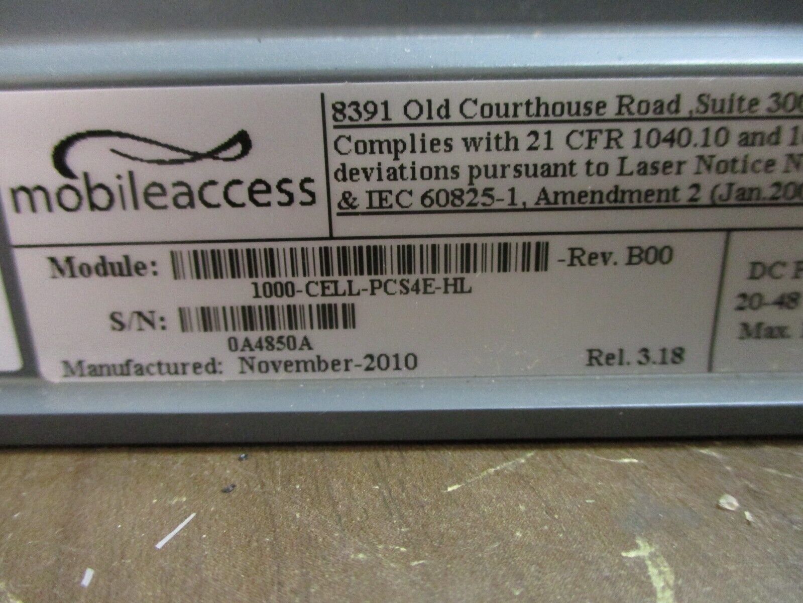Mobileaccess Remote Hub Unit 1000-CELL-PCS4E-HL Rev. B00 20-48VDC 1.3A Used
