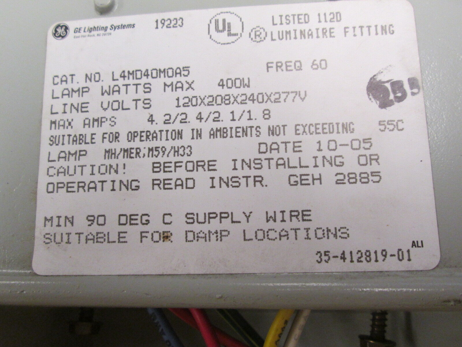 GE Luminaire Fitting / Ballast L4MD40M0A5 400W 120/208/240/277V New Surplus