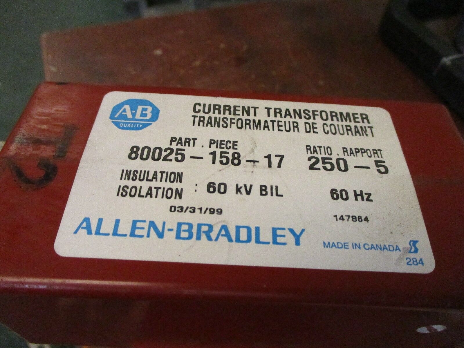 Allen-Bradley Current Transformer 80025-158-17 Ratio 250:5A 60Kv BIL 60Hz Used