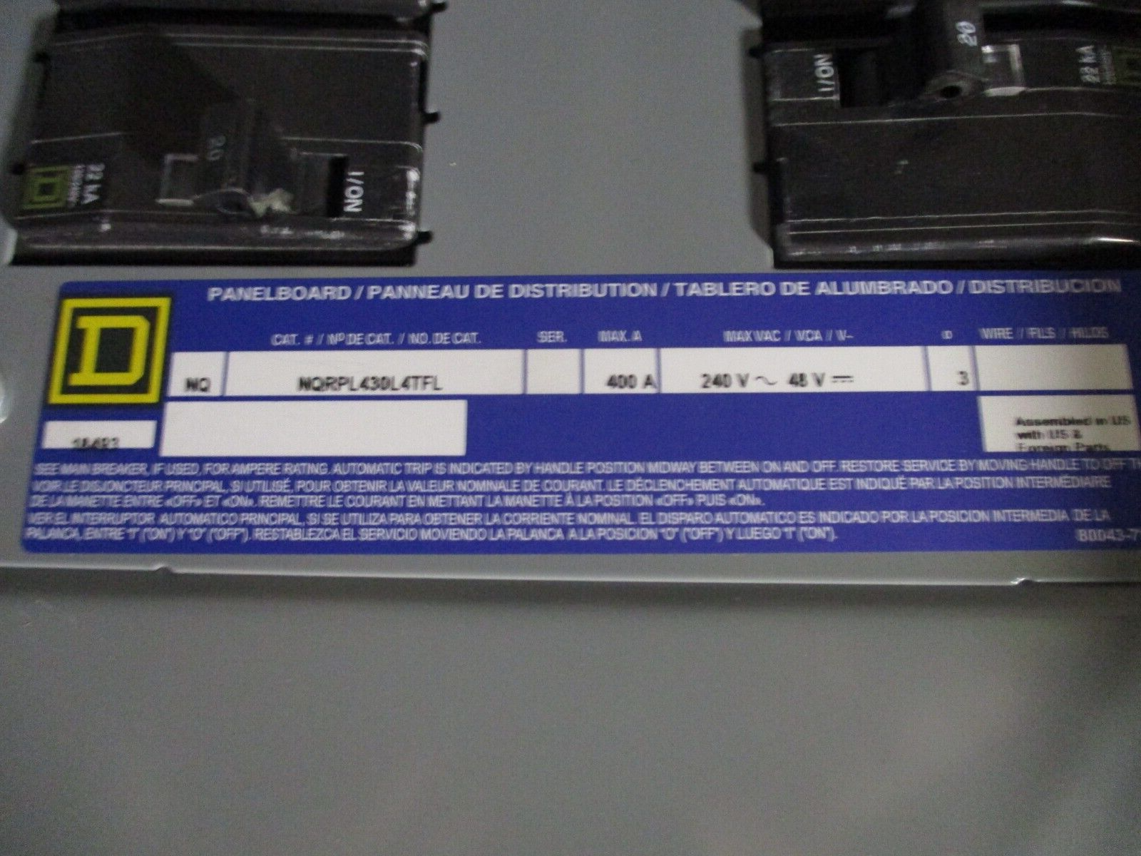 Square D Main Lug NQ Circuit Breaker Panel NQRPL430L4TFL 400A 240V 3Ph 30-Space