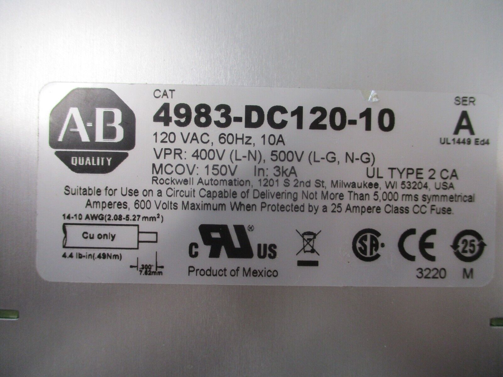 Allen-Bradley Islatrol Filter/Surge Protector 4983-DC120-10 Ser. A 120VAC Used