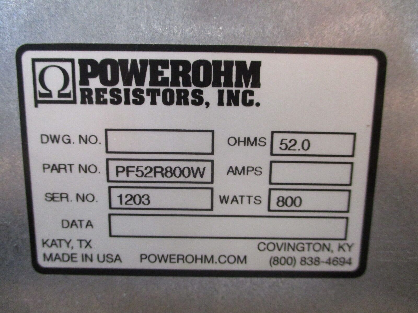 Powerohm Brake Resistor PF52R800W 52.0 Ohms 800W *No Cover Screws* Used