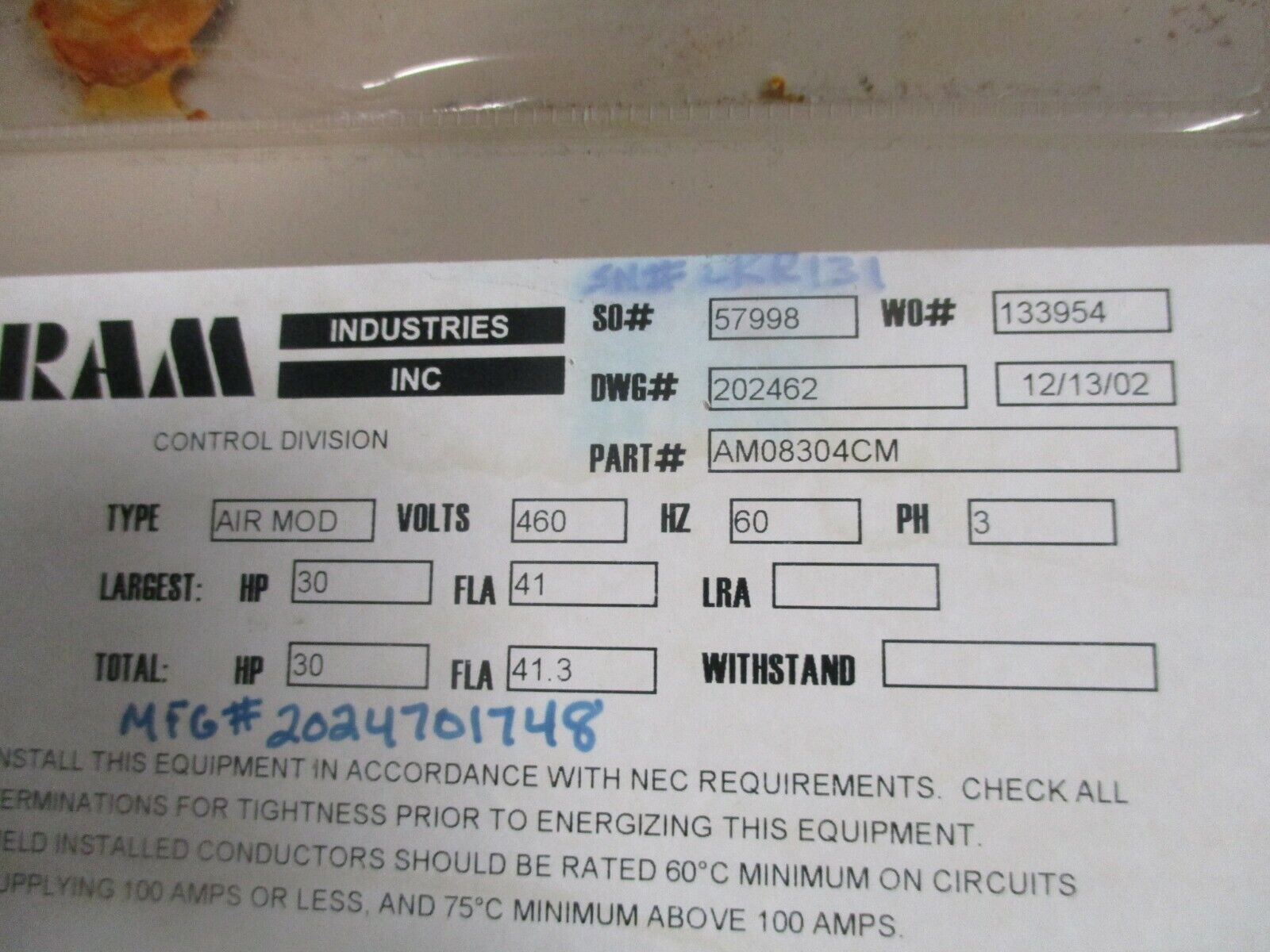 York Air Modulator AM08304CM 30HP 460V 41A 60HZ 3Ph Used
