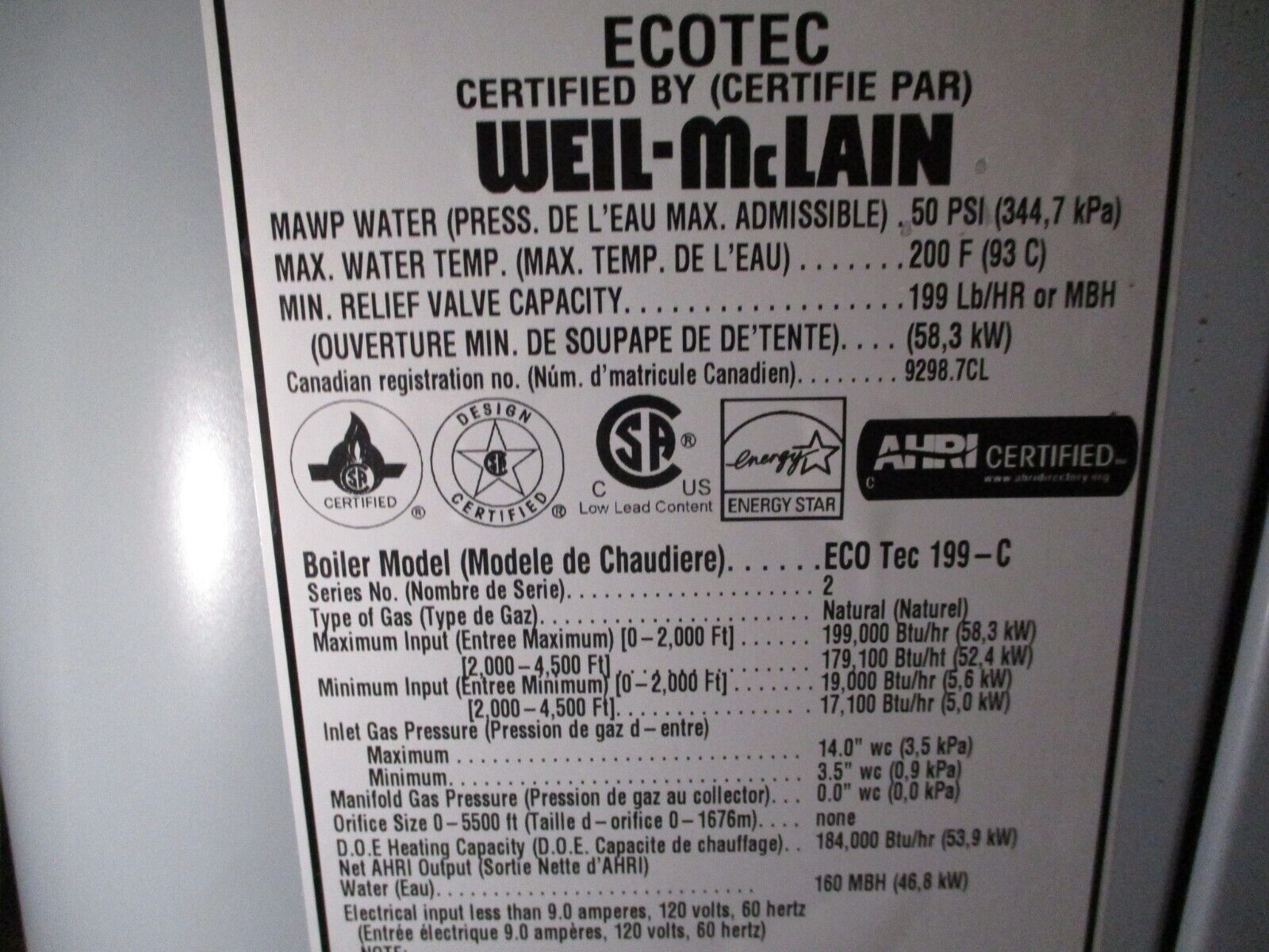 Weil-Mclain Ecotec Natural Gas Boiler ECO Tec 199-C Ser. 2 Input: 199,000 BTU