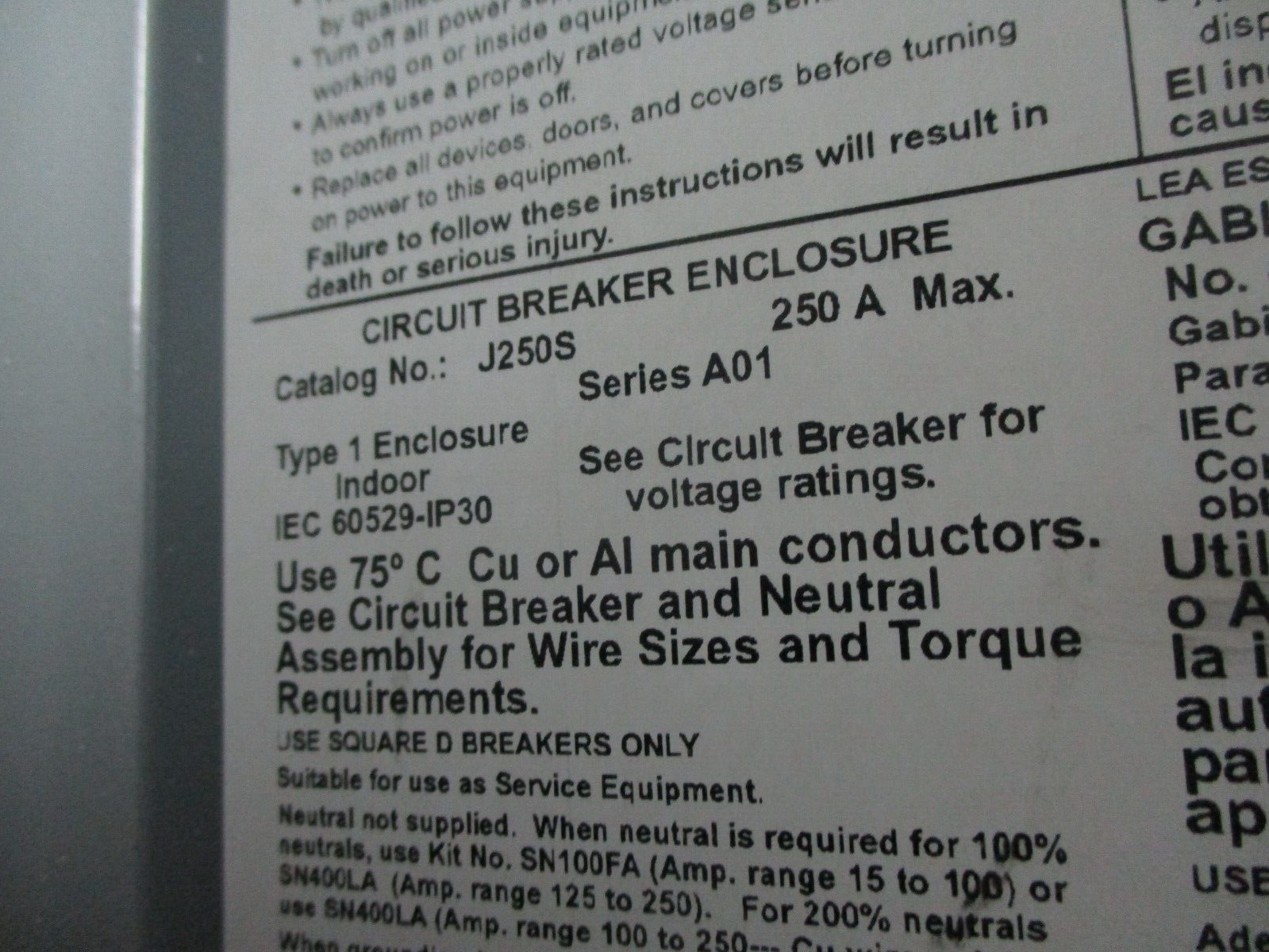 Square D Circuit Breaker Enclosure J250S 250A Type 1 Enclosure Used