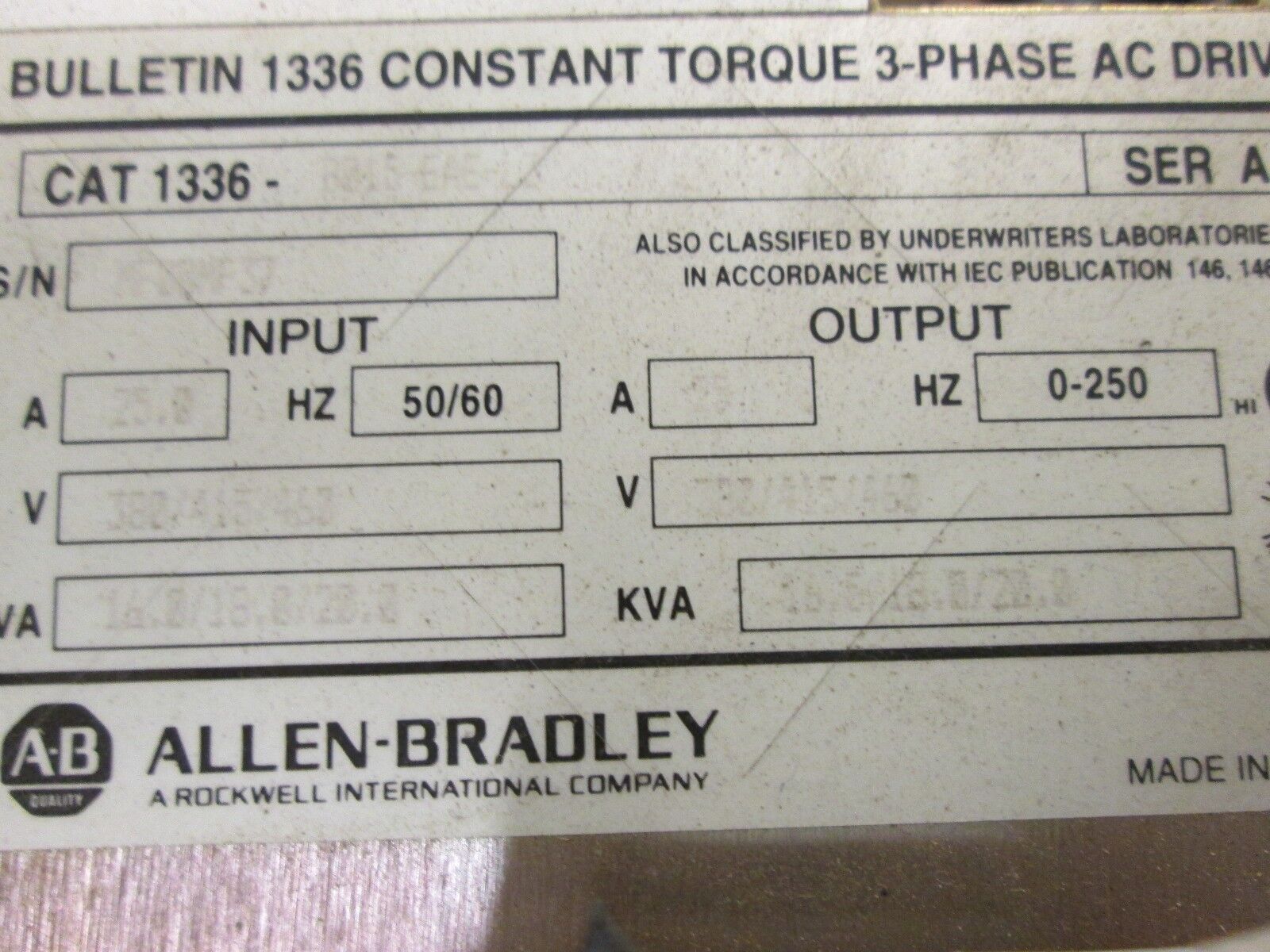 Allen-Bradley  1336 AC Drive  1336-B015-EAE-L3  15HP
