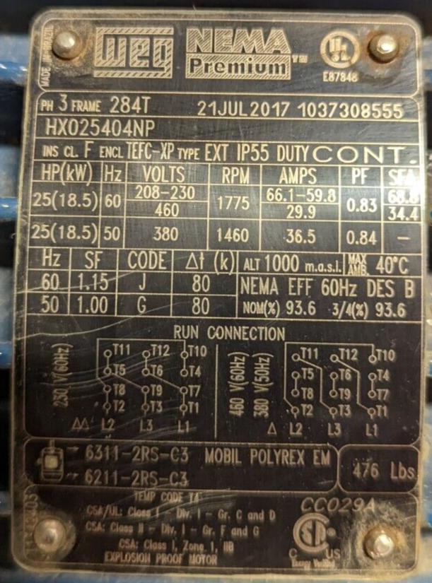 WEG Explosion Proof Motor HX025404NP 25HP 1800RPM 208-230/460V 29.9/59.8-66.1A