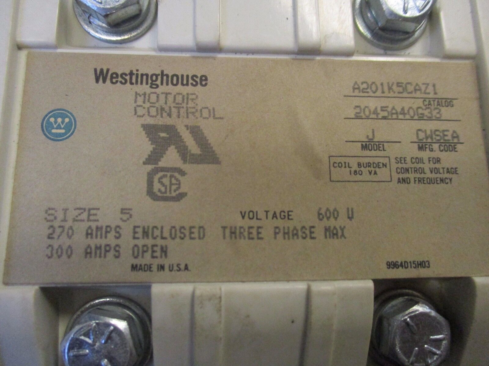 Westinghouse Contactor A201K5CAZ1 Size: 5 600V 300A 120V Coil Used